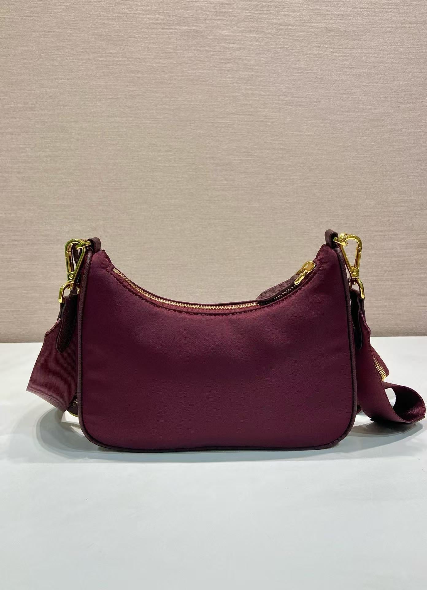 PRADA HOBO BAG 22 IN BURGUNDY RED RE-NYLON