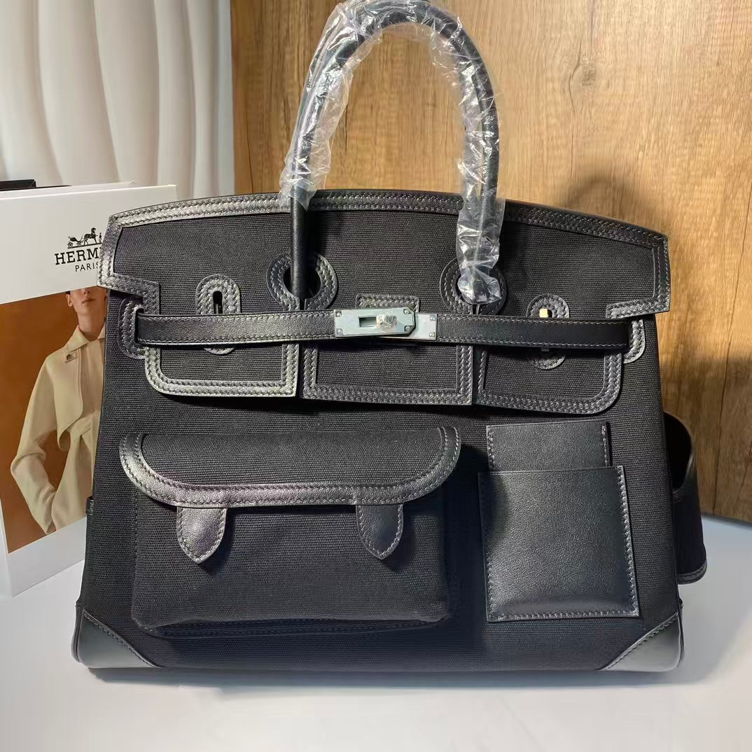 HERMES BIRKIN CARGO 35CM BLACK CANVAS AND LEATHER SILVER HARDWARE