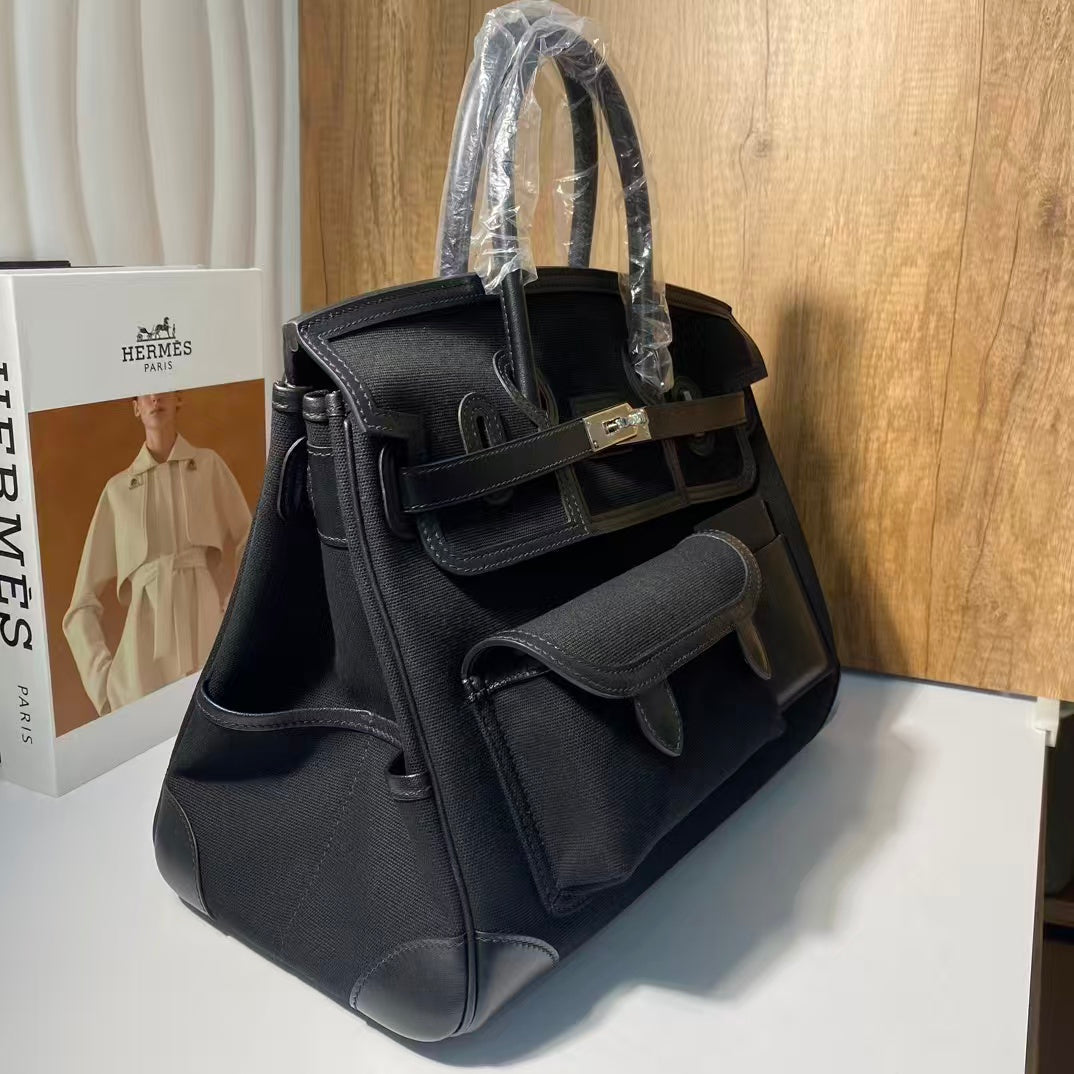 HERMES BIRKIN CARGO 35CM BLACK CANVAS AND LEATHER SILVER HARDWARE