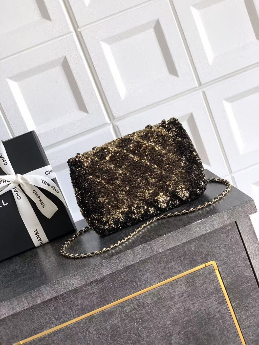 CHANEL 20 SEQUINS FLAP BAG IN BLACK MIX BROWN