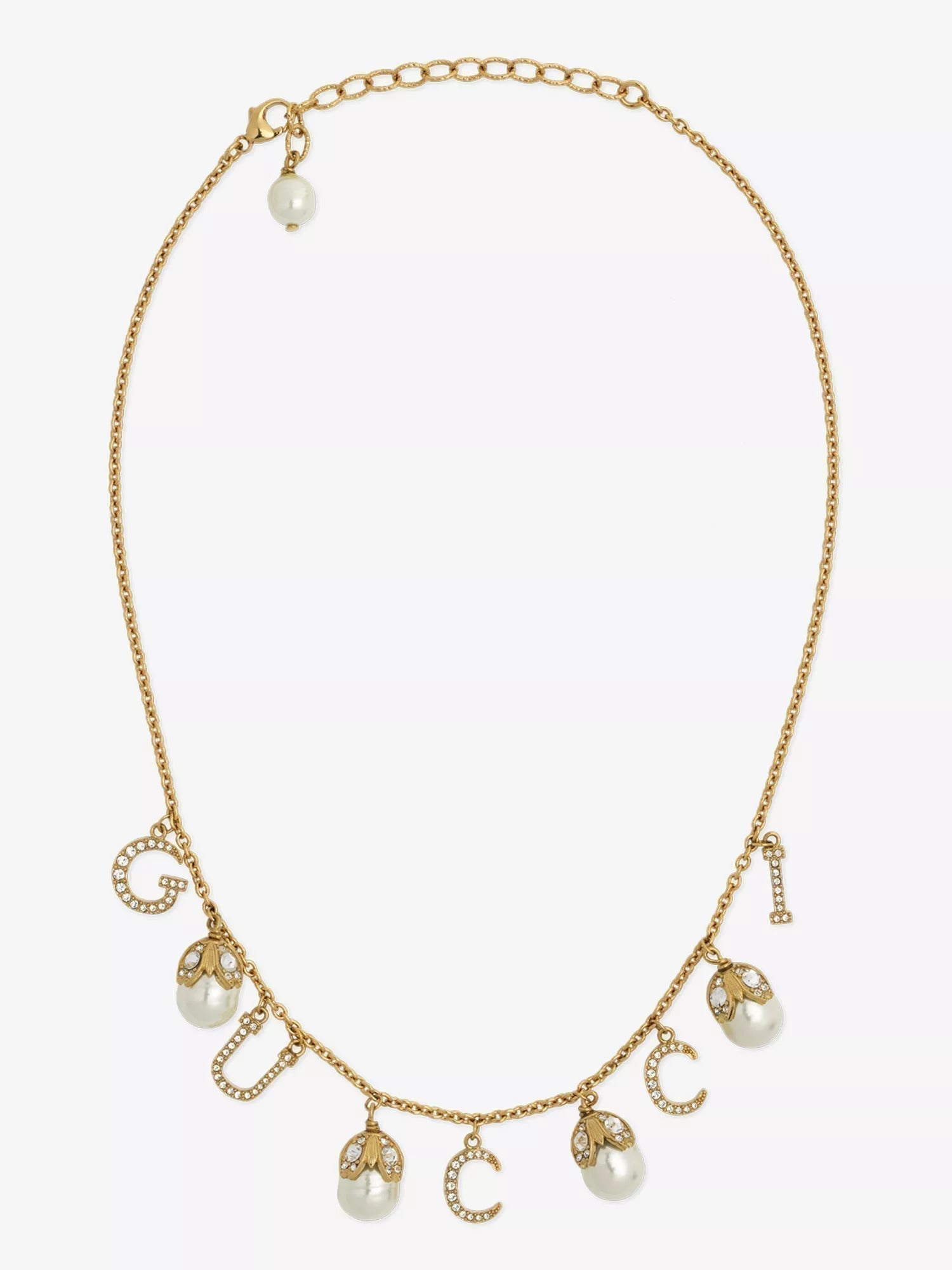 18K Double Gucci Logo Plaque Embellished Pearl Necklace