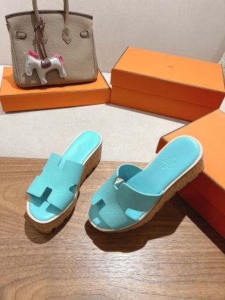 HERMES 25S HIGH WEDGE SANDALS IN LIGHT MINT BLUE LAMBSKIN STYLE 5