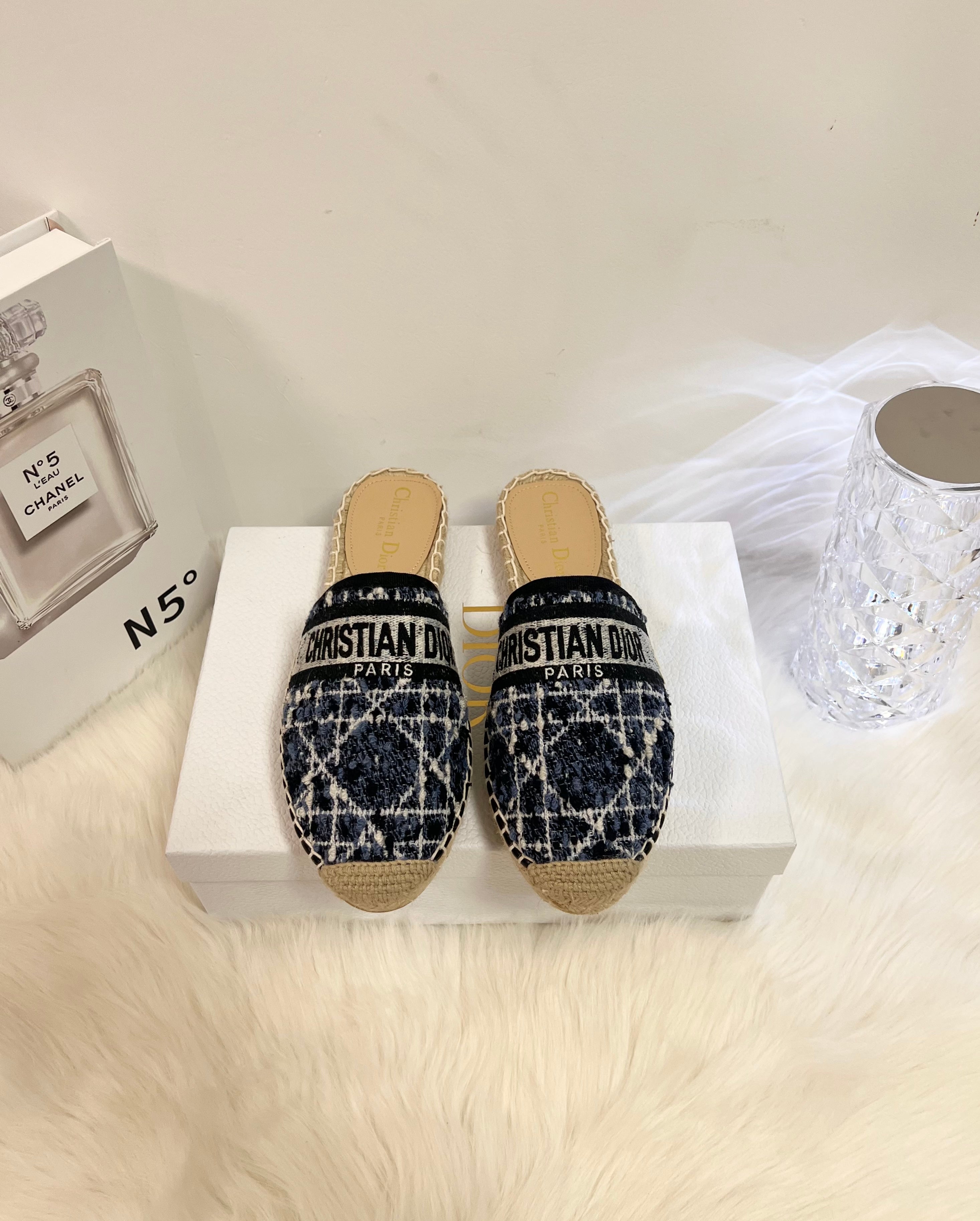 DIOR GRANVILLE ESPADRILLE NAVY BLUIE OBLIQUE EMBROIDERED COTTON MULE