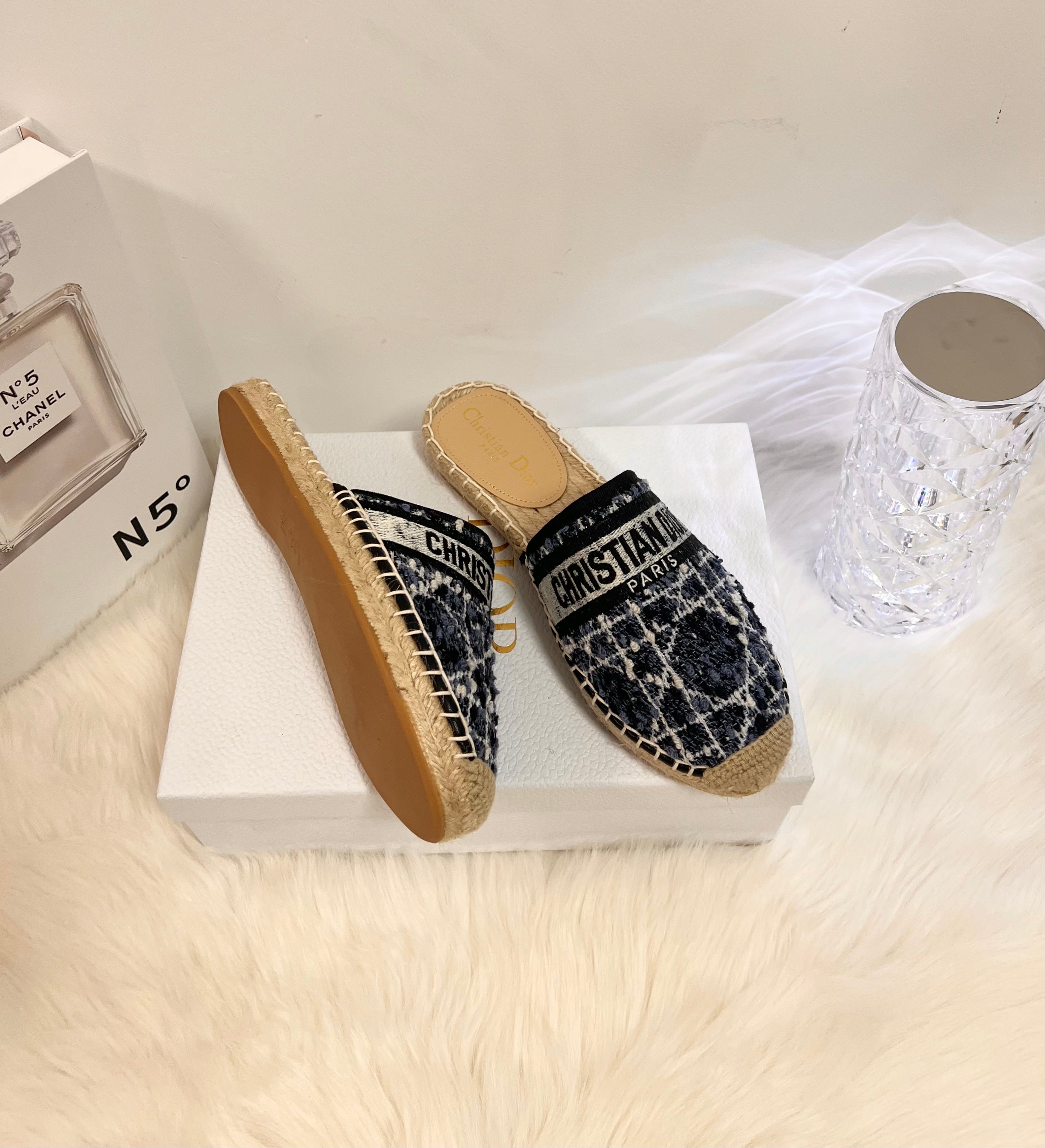 DIOR GRANVILLE ESPADRILLE NAVY BLUIE OBLIQUE EMBROIDERED COTTON MULE