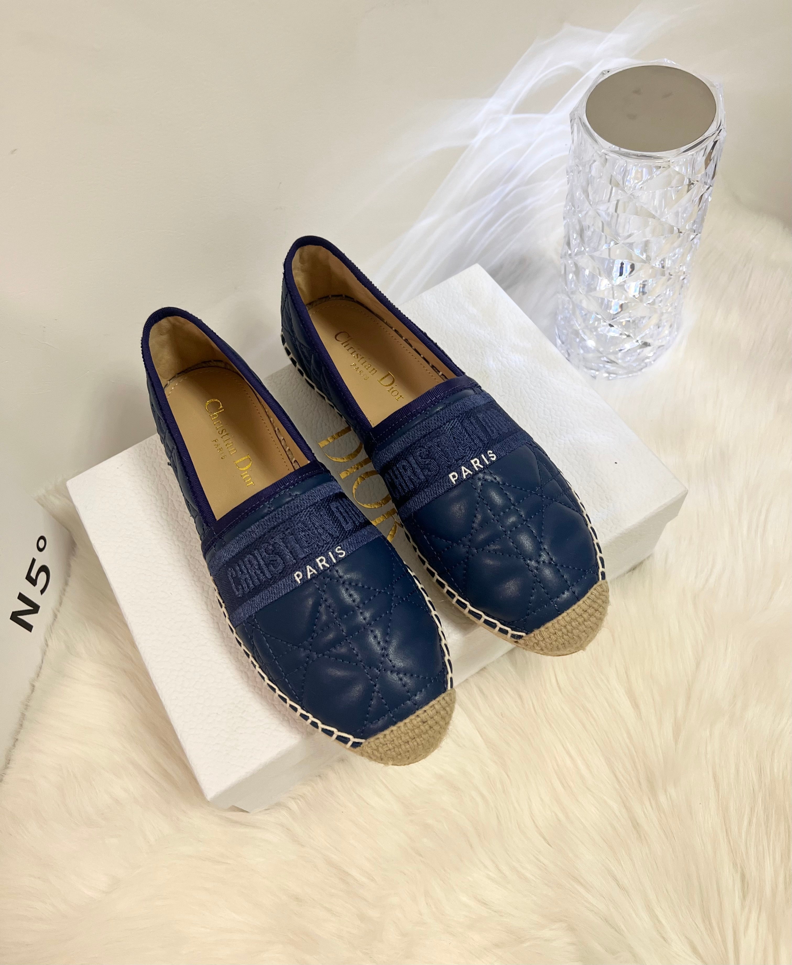 DIOR GRANVILLE ESPADRILLE NAVY BLUE QUILTED CANNAGE CALFSKIN