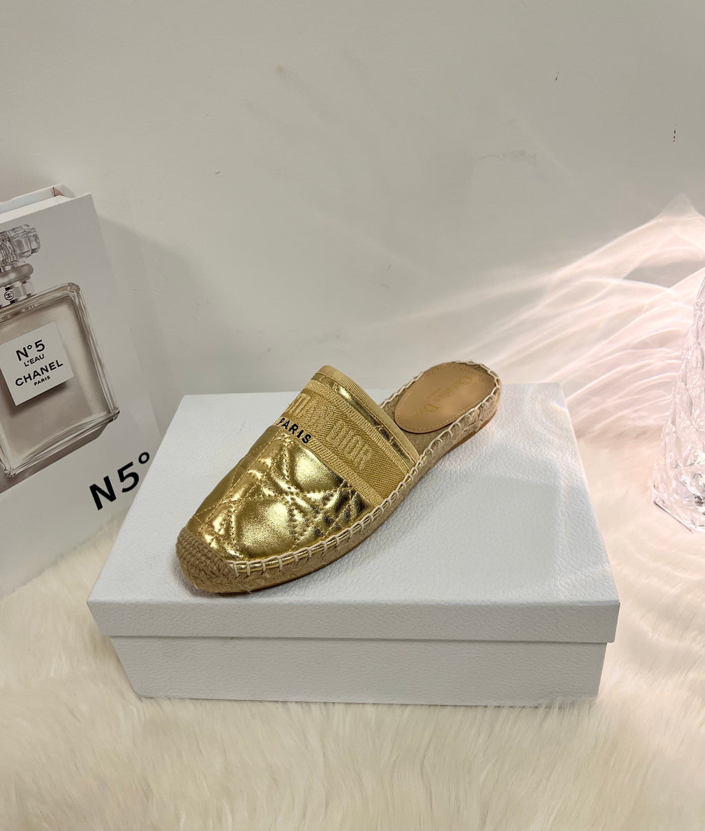 DIOR GRANVILLE ESPADRILLE MULE GOLD QUILTED CANNAGE CALFSKIN