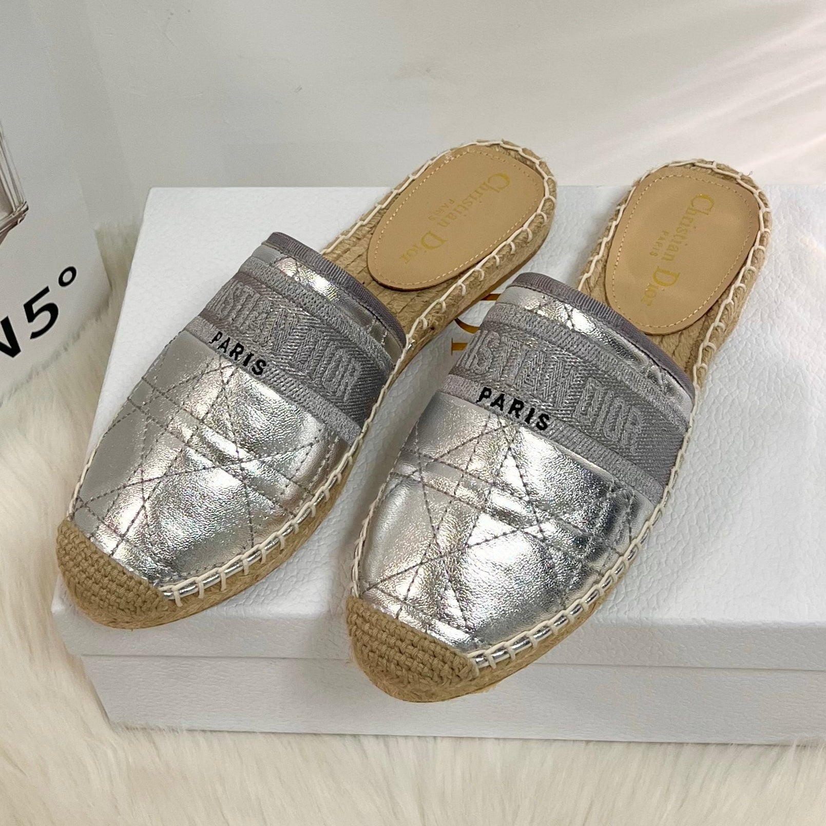 DIOR GRANVILLE ESPADRILLE MULE SILVER QUILTED CANNAGE CALFSKIN