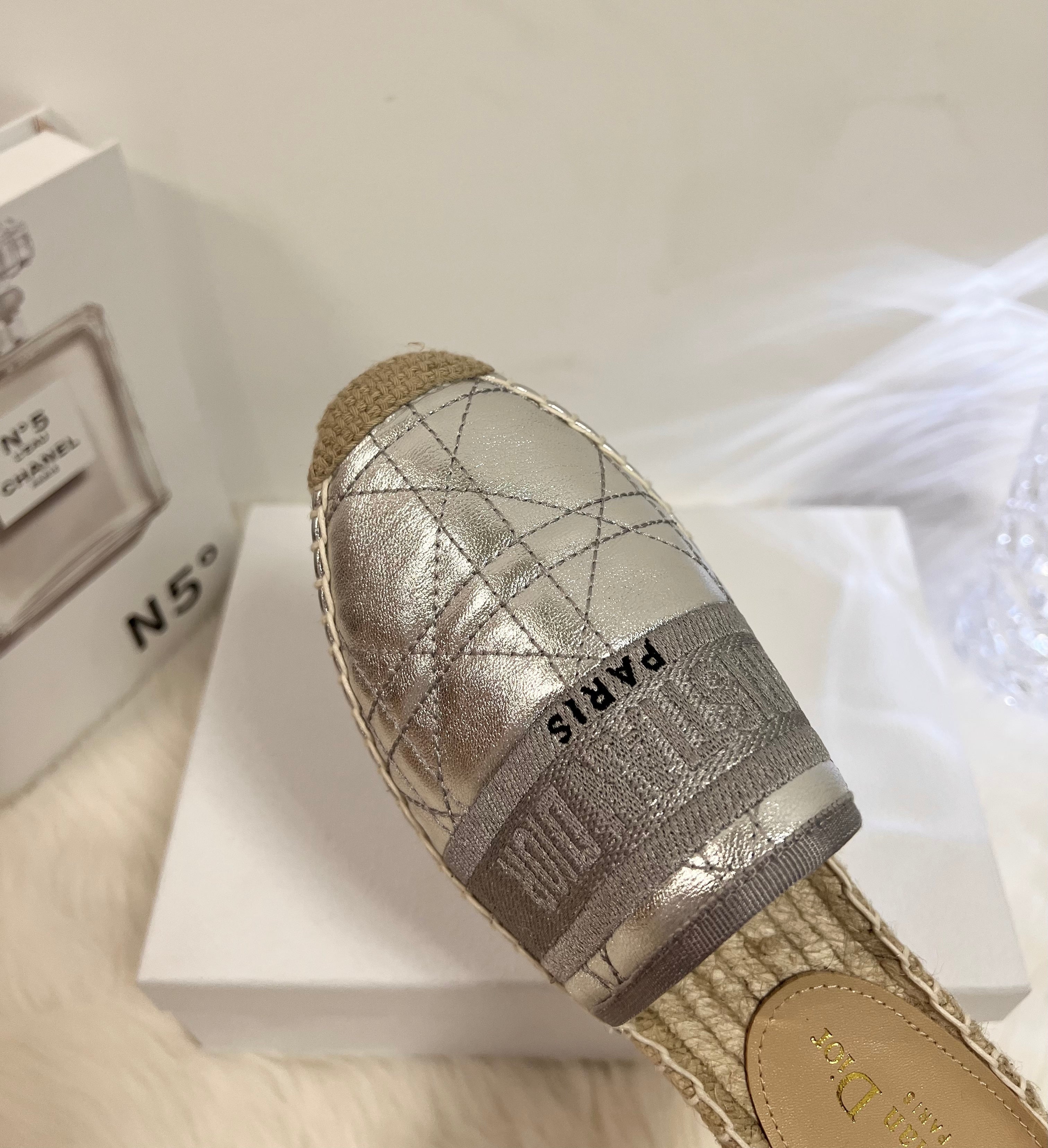 DIOR GRANVILLE ESPADRILLE MULE SILVER QUILTED CANNAGE CALFSKIN