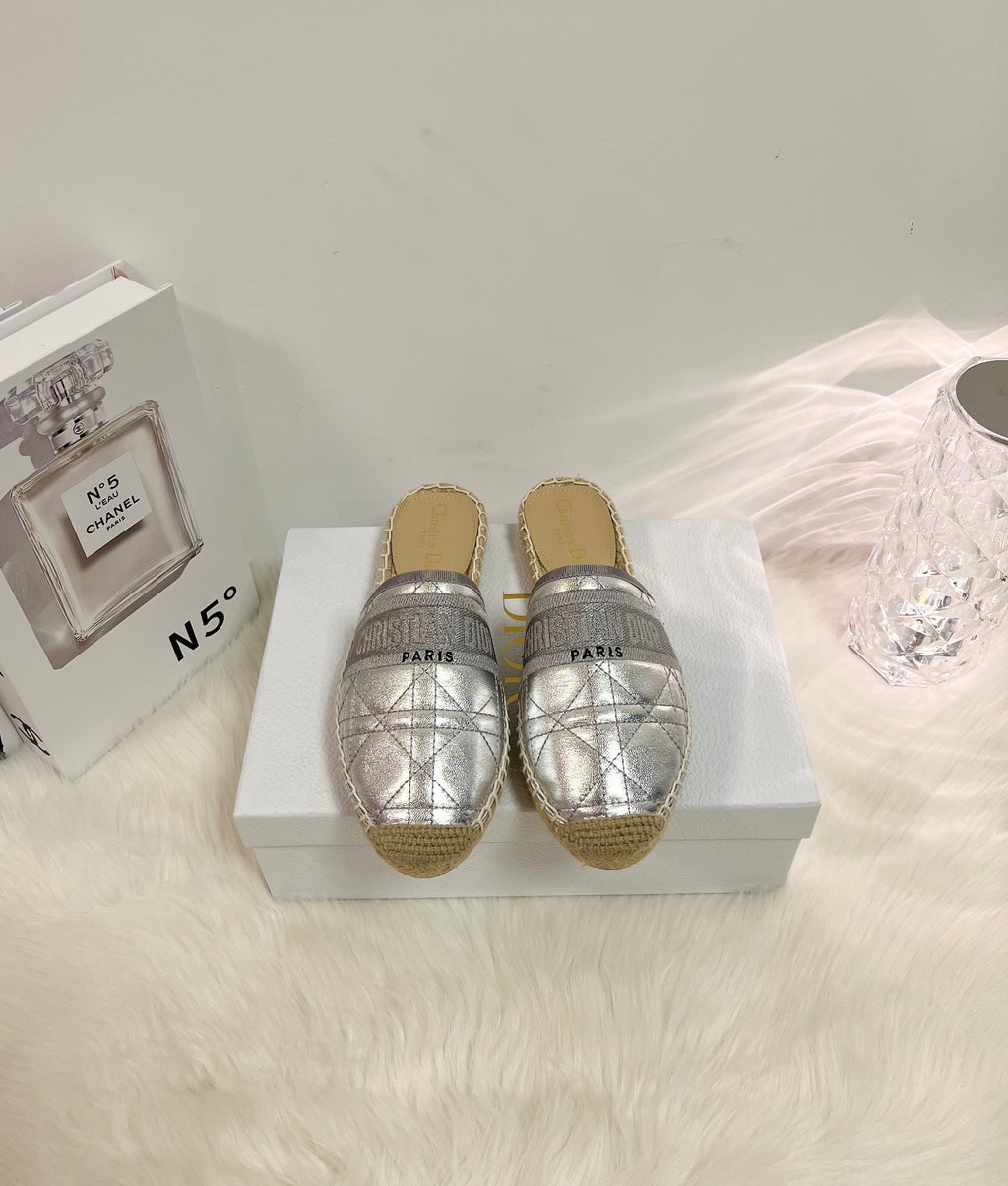 DIOR GRANVILLE ESPADRILLE MULE SILVER QUILTED CANNAGE CALFSKIN