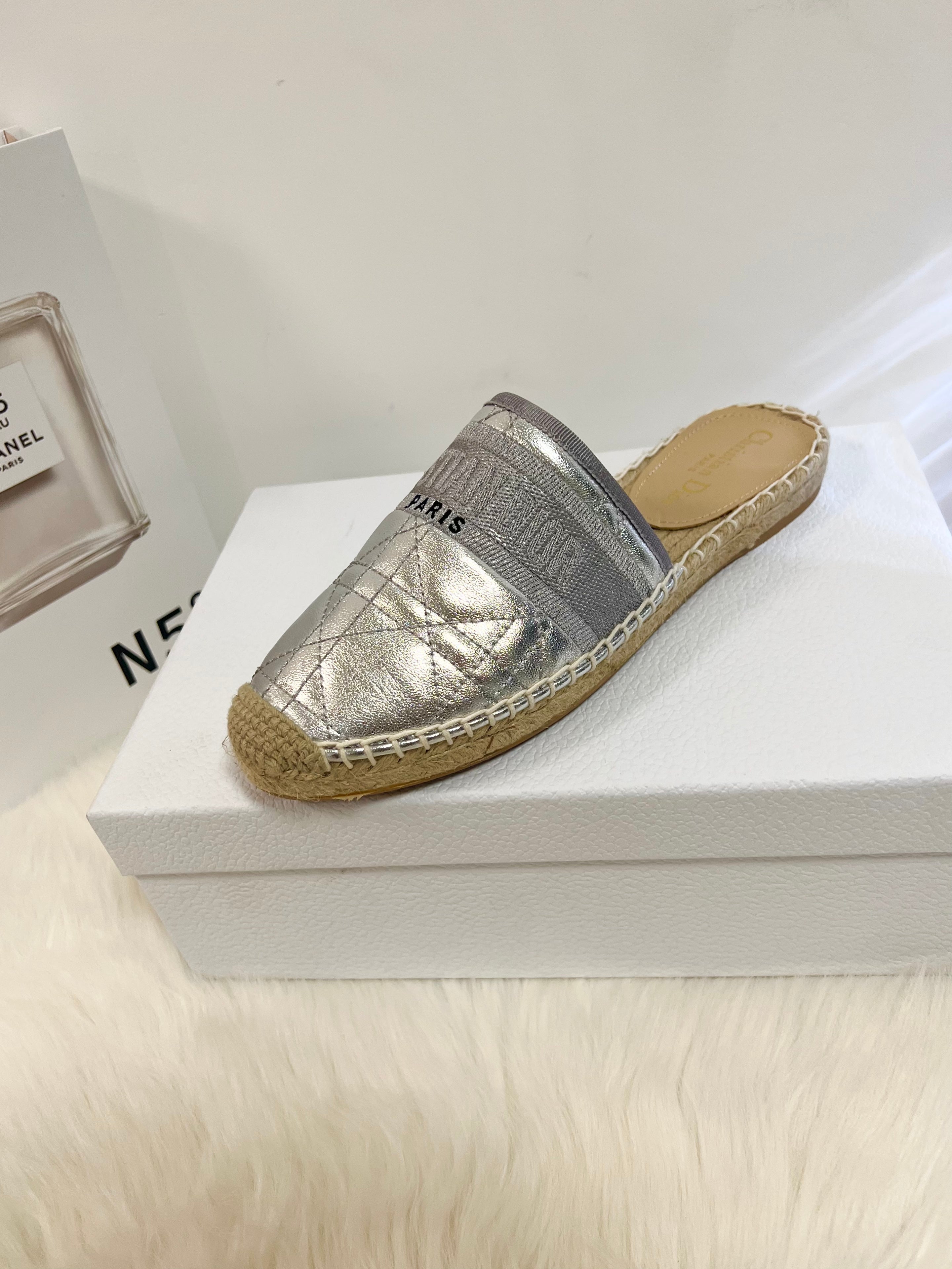 DIOR GRANVILLE ESPADRILLE MULE SILVER QUILTED CANNAGE CALFSKIN