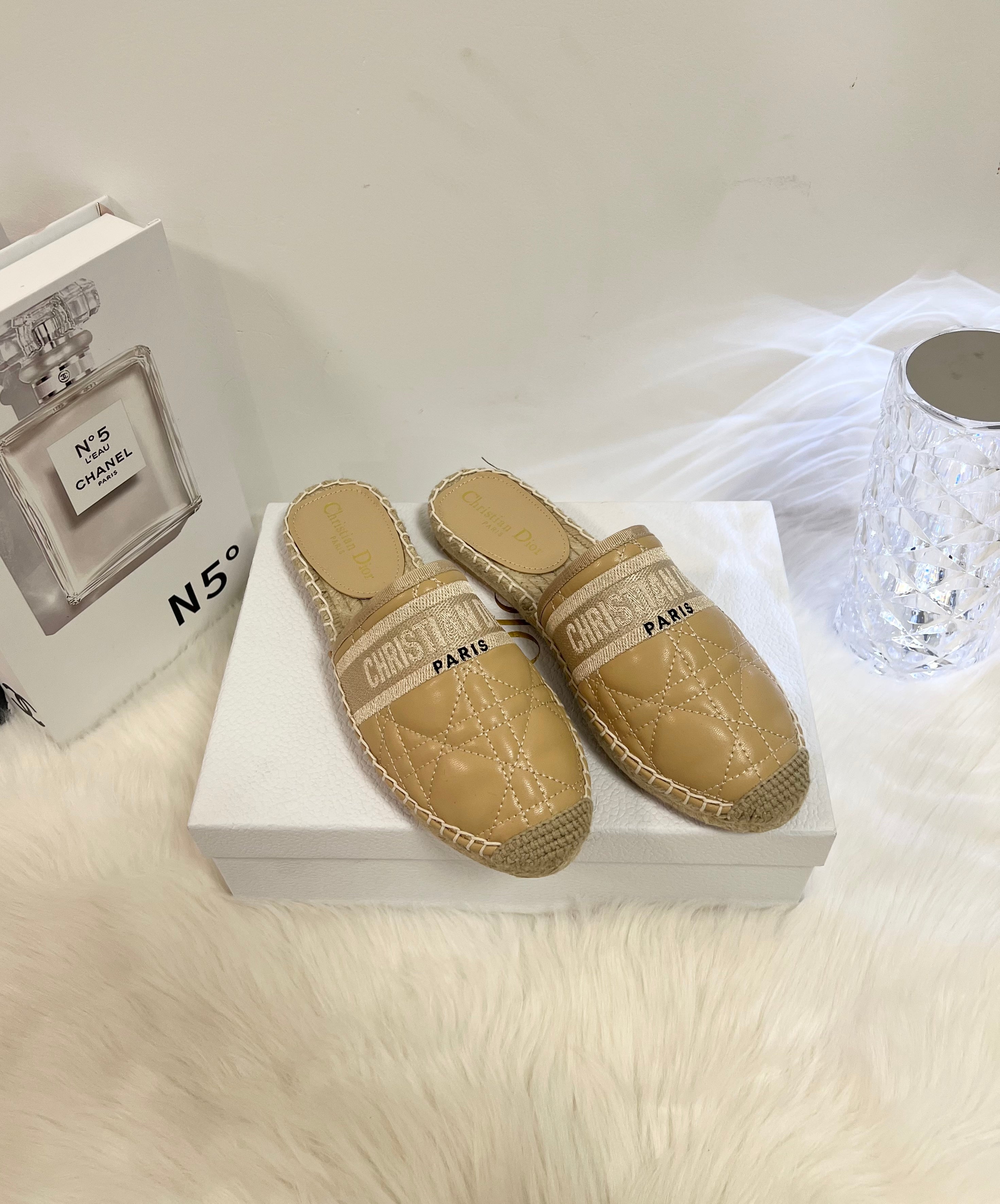 DIOR GRANVILLE ESPADRILLE MULE CAMEL BEIGE QUILTED CANNAGE CALFSKIN