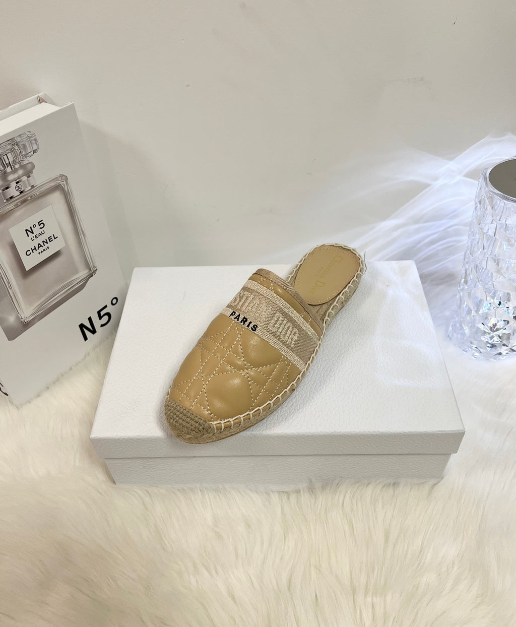 DIOR GRANVILLE ESPADRILLE MULE CAMEL BEIGE QUILTED CANNAGE CALFSKIN