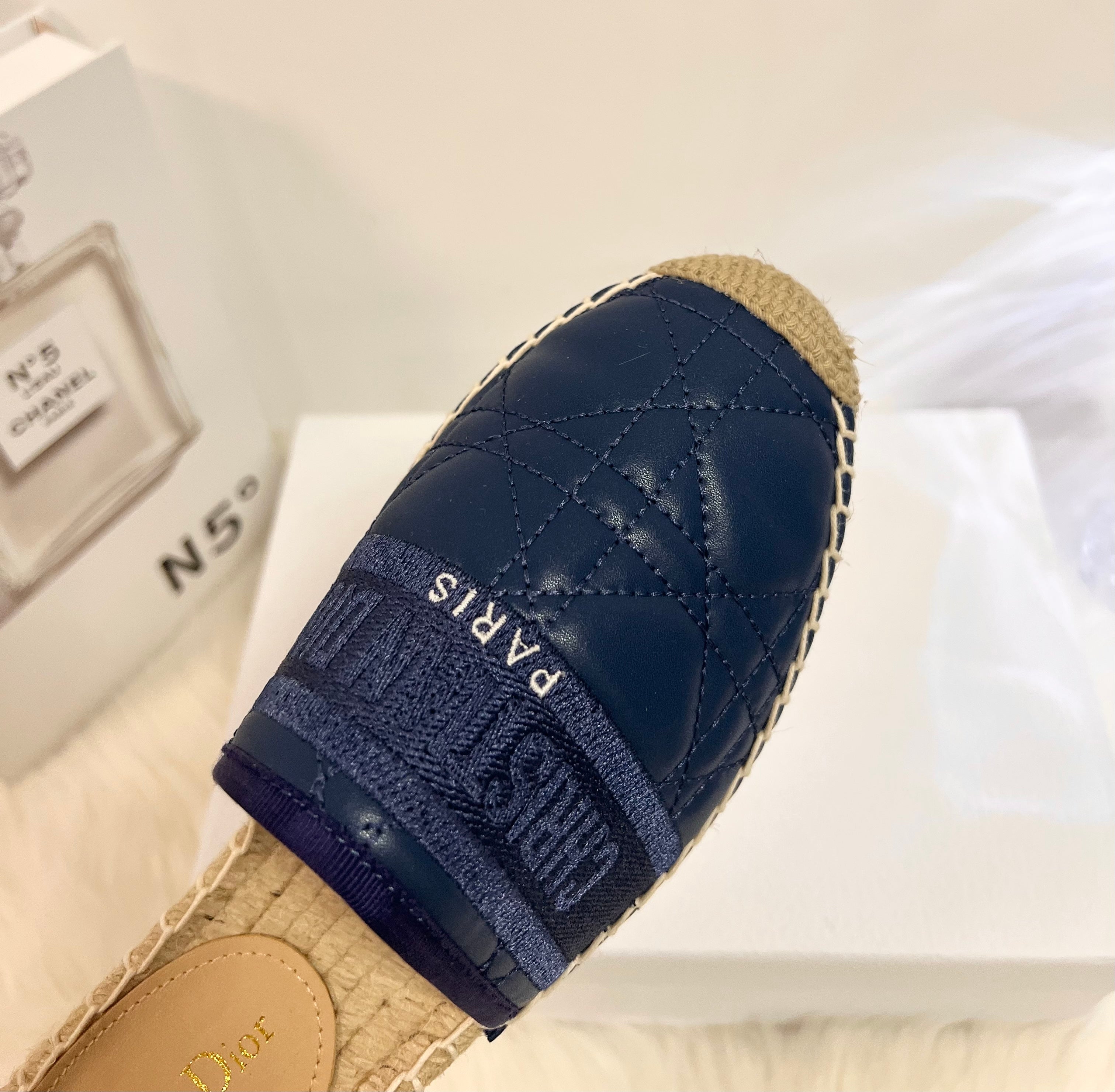 DIOR GRANVILLE ESPADRILLE MULE NAVY BLUE QUILTED CANNAGE CALFSKIN