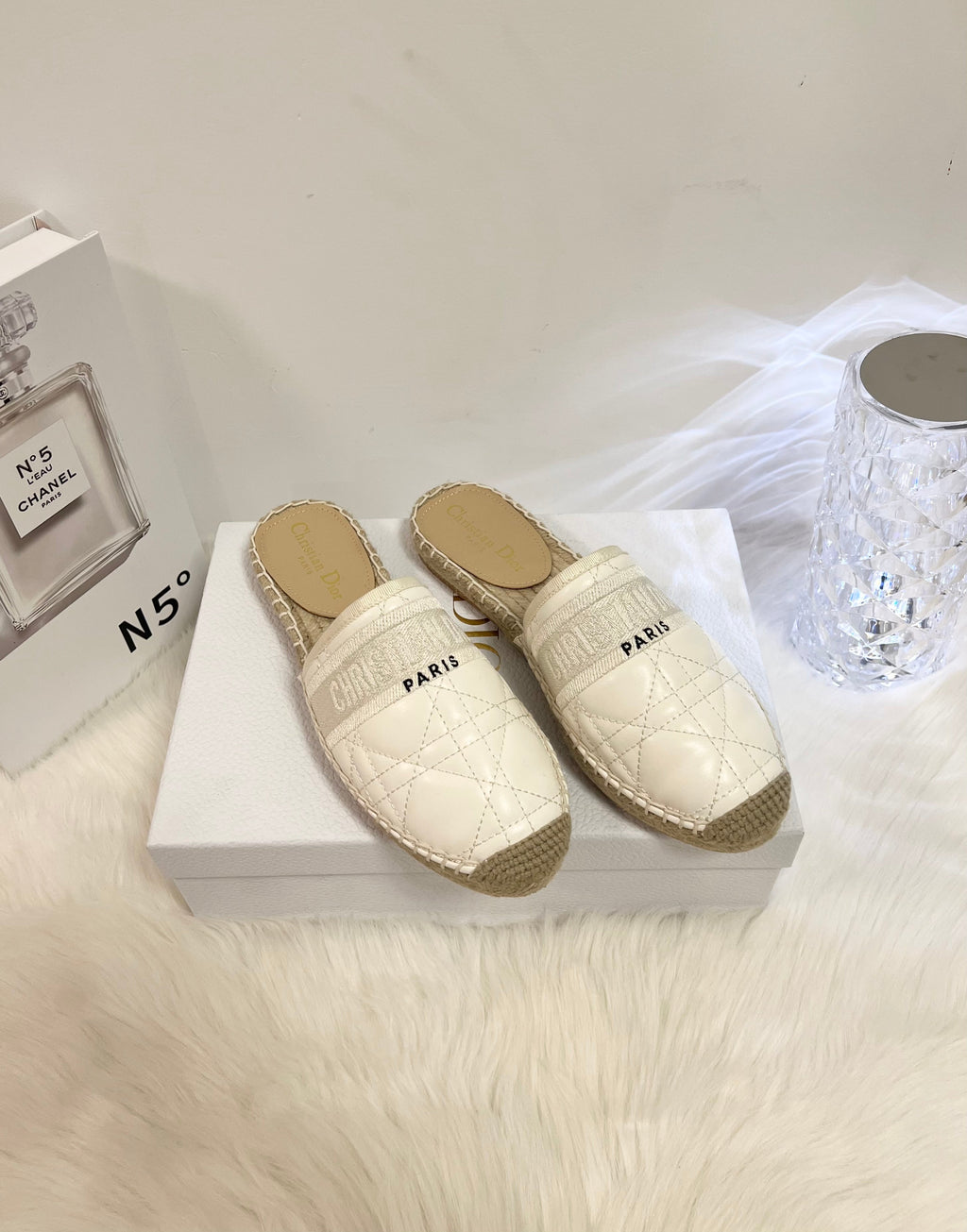DIOR GRANVILLE ESPADRILLE MULE WHITE QUILTED CANNAGE CALFSKIN