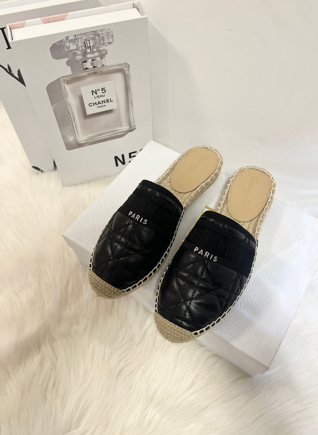 DIOR GRANVILLE ESPADRILLE MULE BLACK QUILTED CANNAGE CALFSKIN