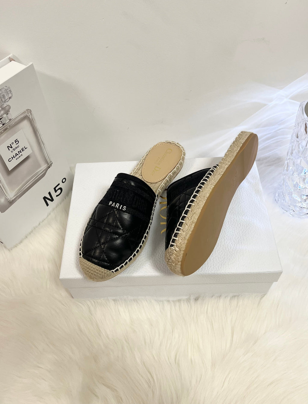 DIOR GRANVILLE ESPADRILLE MULE BLACK QUILTED CANNAGE CALFSKIN