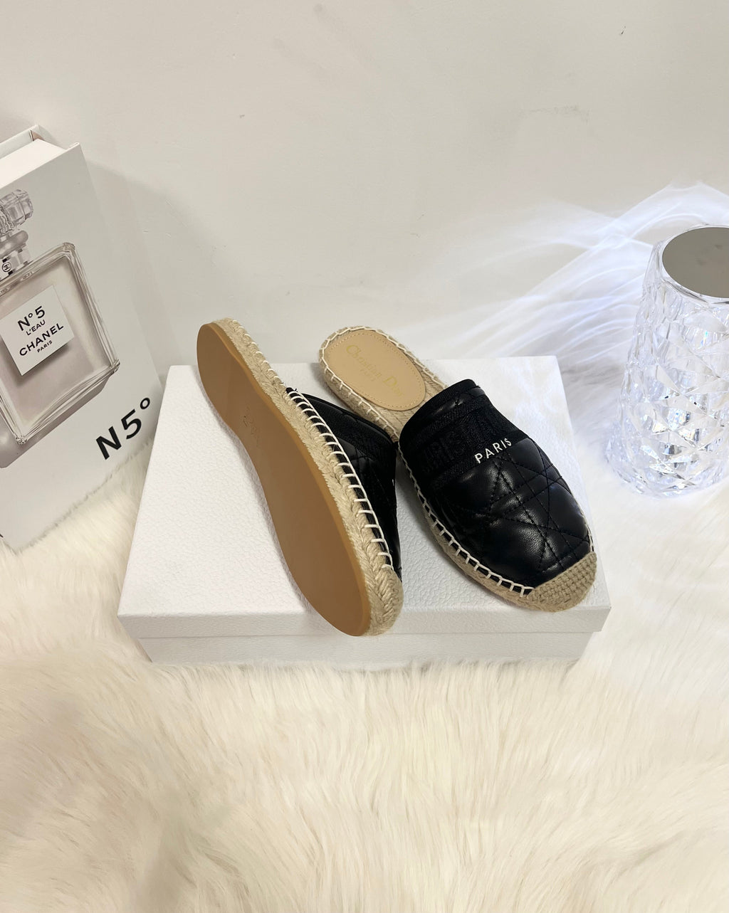 DIOR GRANVILLE ESPADRILLE MULE BLACK QUILTED CANNAGE CALFSKIN