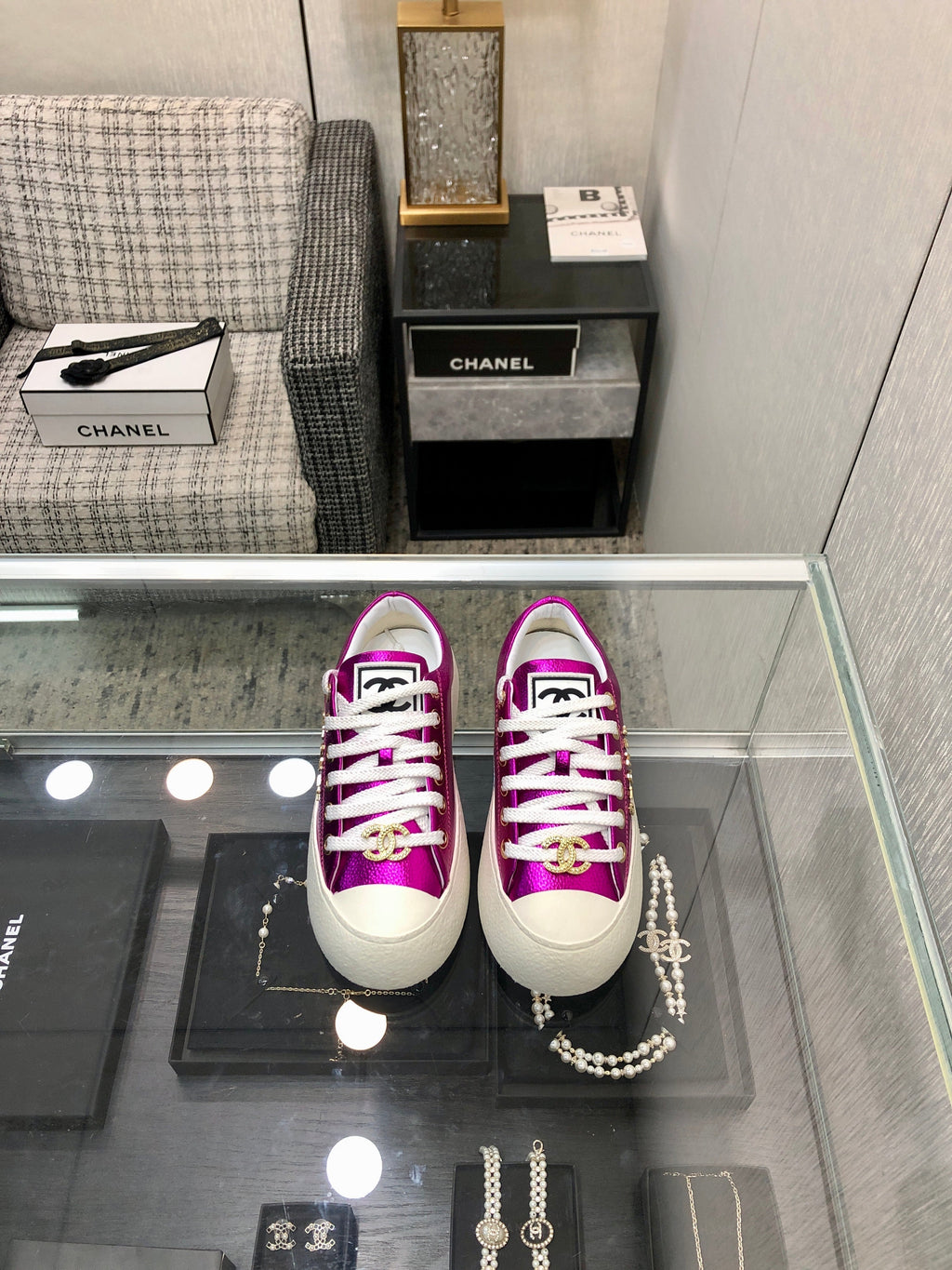 CHANEL CASUAL SNEAKER IN MAGENTA PURPLE METALLIC LAMBSKIN WITH GOLD LOGO