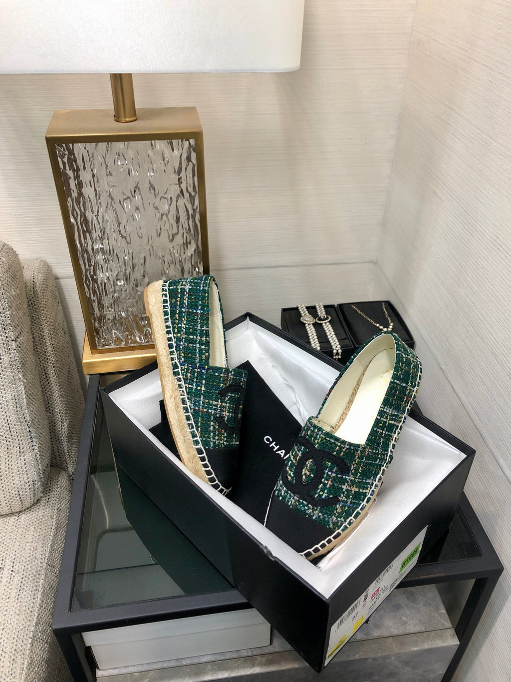 CHANEL ESPADRILLE FOREST GREEN TWEED FABRIC AND BLACK CALFSKIN FLATS