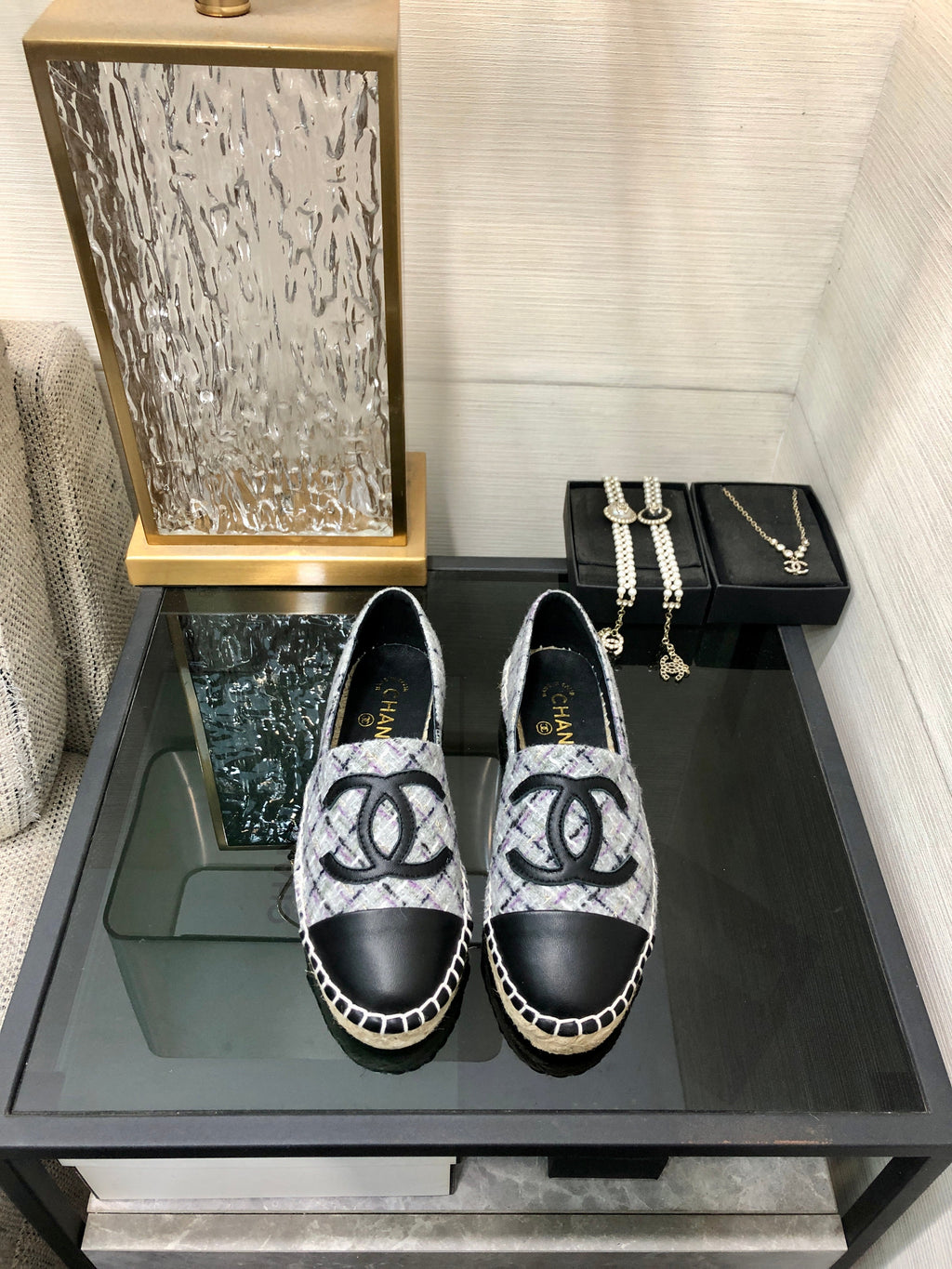 CHANEL ESPADRILLE COLORFUL TWEED FABRIC AND BLACK CALFSKIN FLATS
