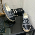 CHANEL ESPADRILLE BLACK MIX WHITE TWEED FABRIC AND CALFSKIN FLATS 185046