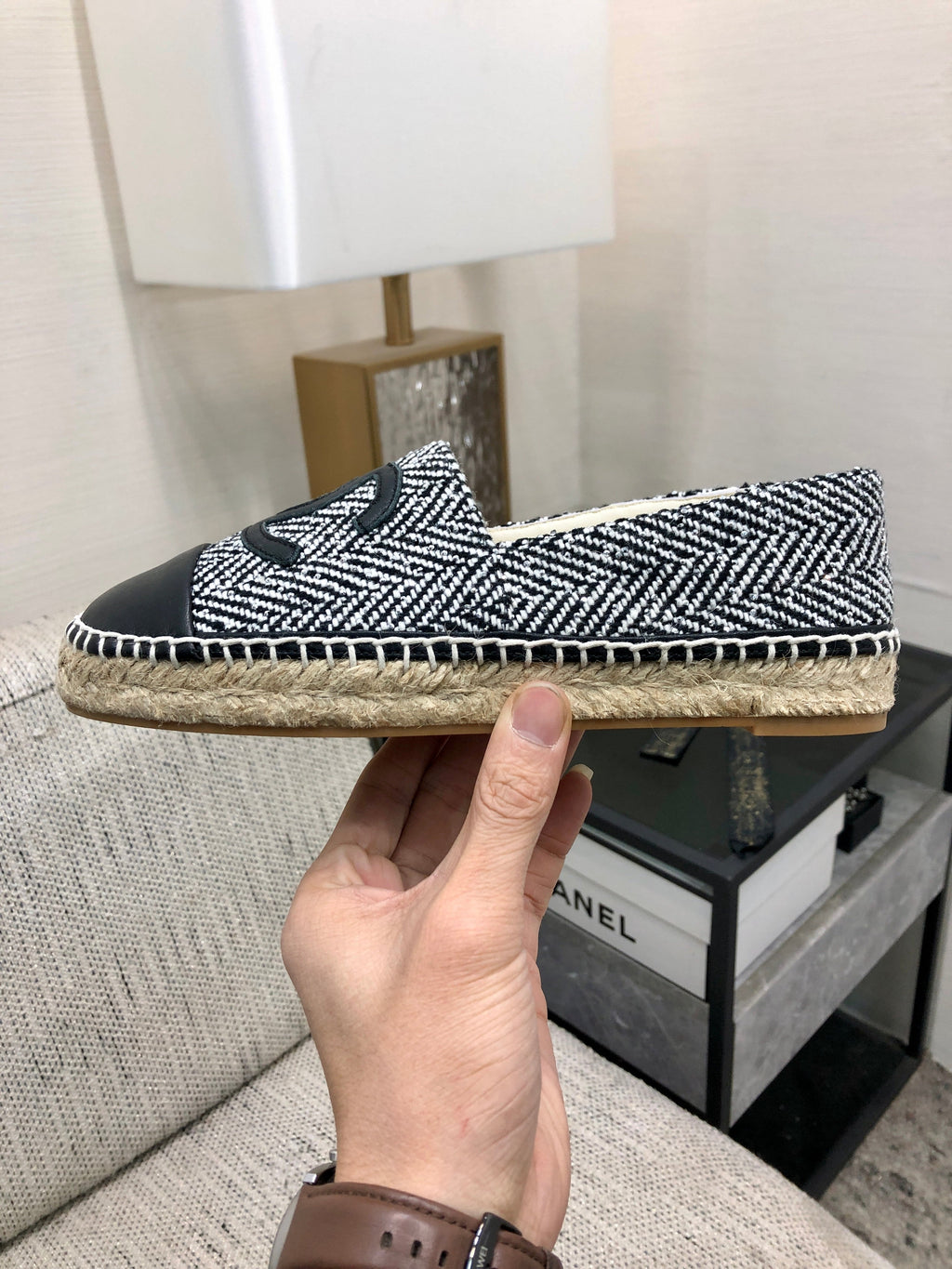 CHANEL ESPADRILLE BLACK MIX WHITE TWEED FABRIC AND CALFSKIN FLATS 185046