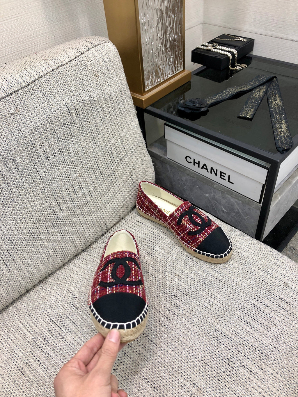 CHANEL ESPADRILLE BLACK MIX CRIMSON RED TWEED FABRIC FLATS