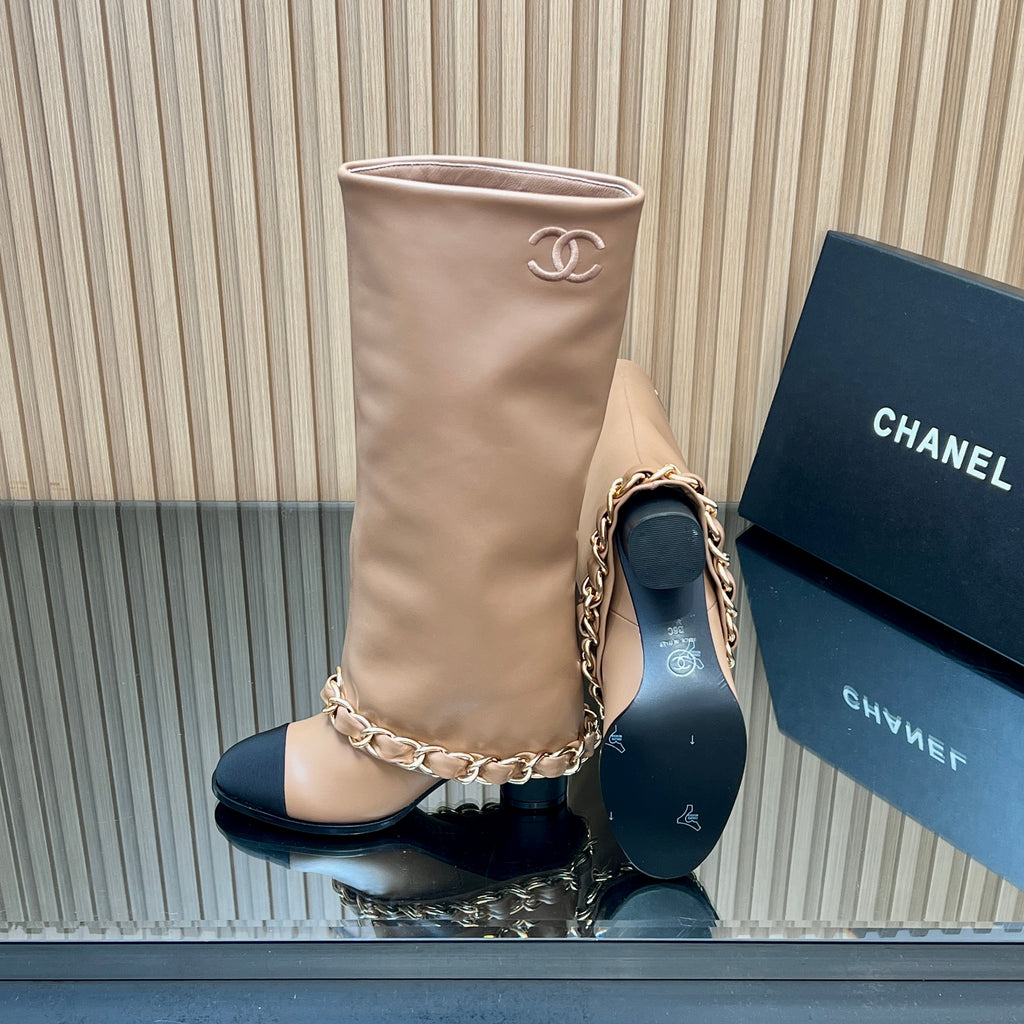 CHANEL 25S KNEE-HIGH HEELED BOOTS 65MM IN BEIGE CALFSKIN GOLD HARDWARE