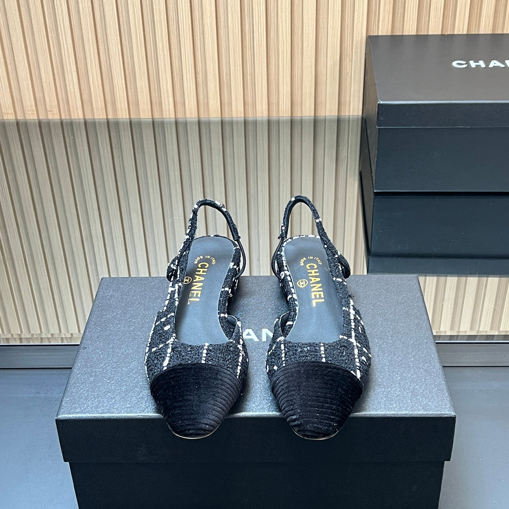 CHANEL 25S SLINGBACK FLATS SHOES IN BLACK TWEED
