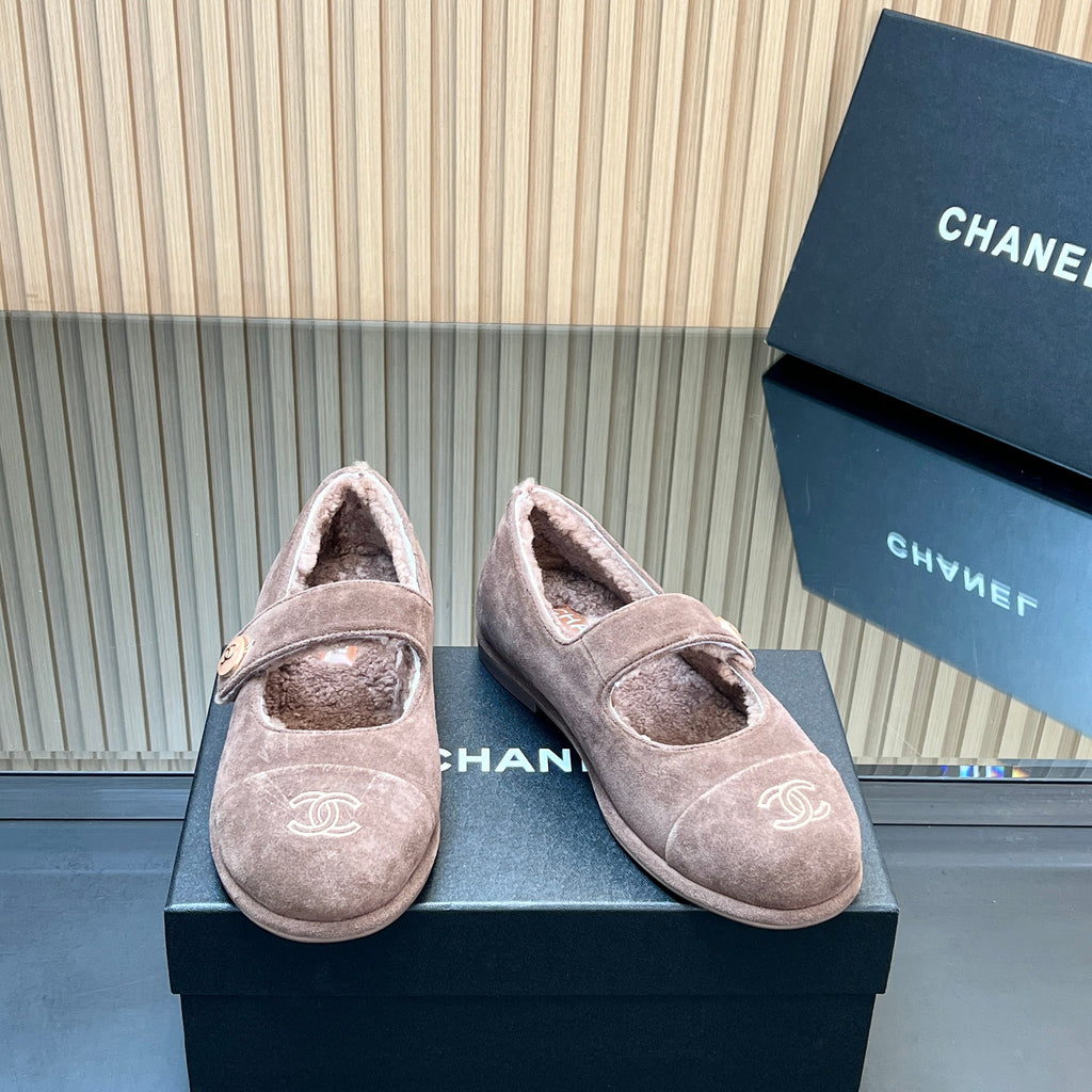CHANEL 25S FURRY MARY JANE SHOES IN TAUPE GRAY SUEDE