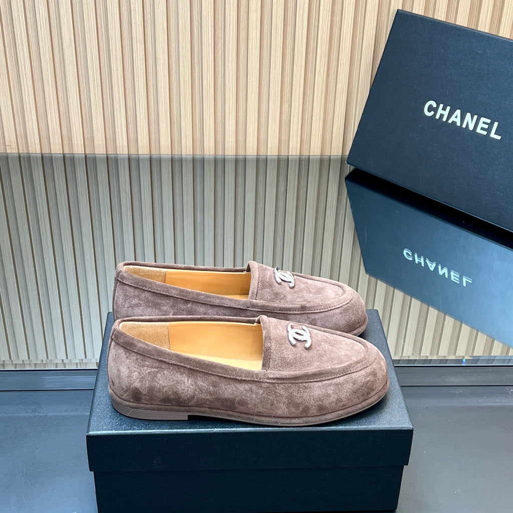 CHANEL 25S TEDDY LOAFER 15MM IN TAUPE GRAY SUEDE SILVER HARDWARE