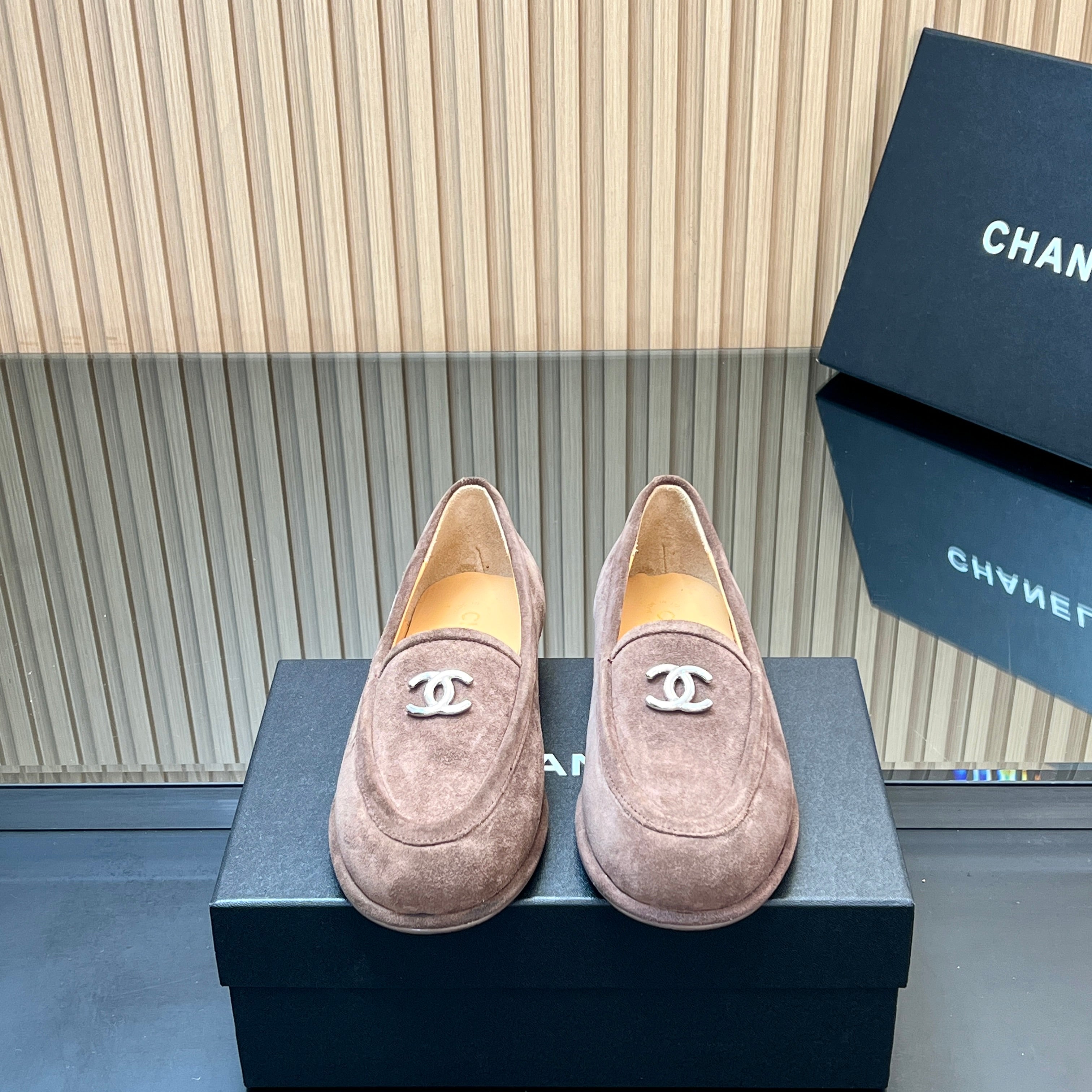 CHANEL 25S TEDDY LOAFER 15MM IN TAUPE GRAY SUEDE SILVER HARDWARE