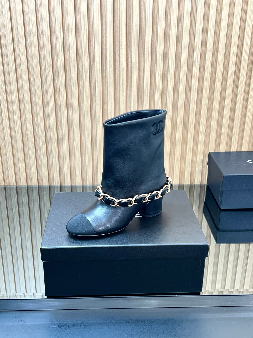 CHANEL 25S LOW BOOTS 65MM IN BLACK CALFSKIN GOLD HARDWARE