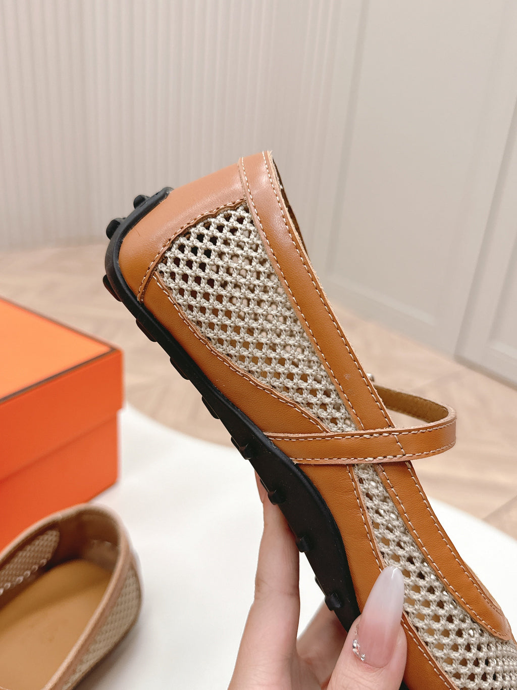 HERMES KICHU BALLET FLAT IN BRONZE BROWN CROCHET KNIT AND CALFSKIN
