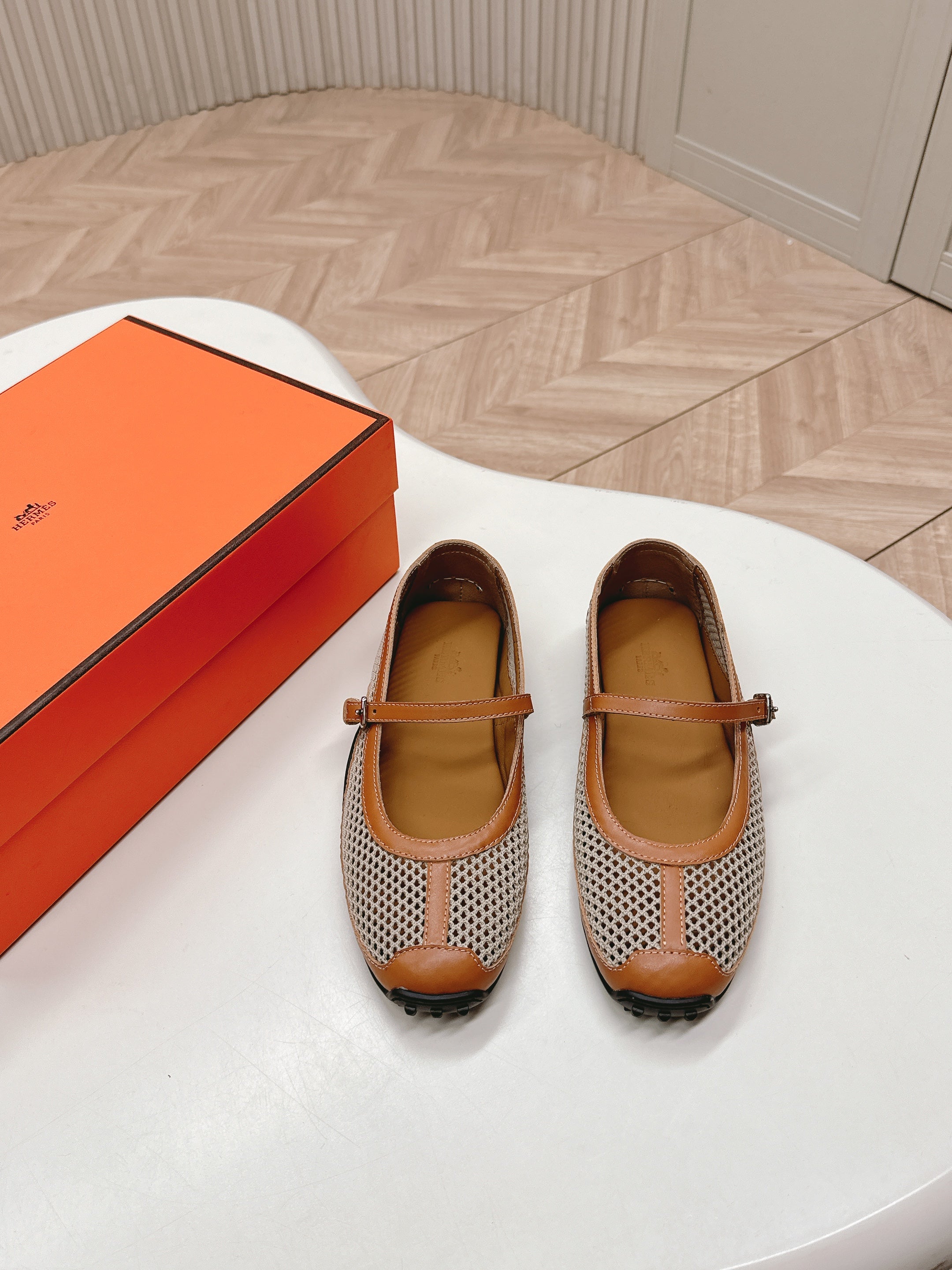 HERMES KICHU BALLET FLAT IN BRONZE BROWN CROCHET KNIT AND CALFSKIN