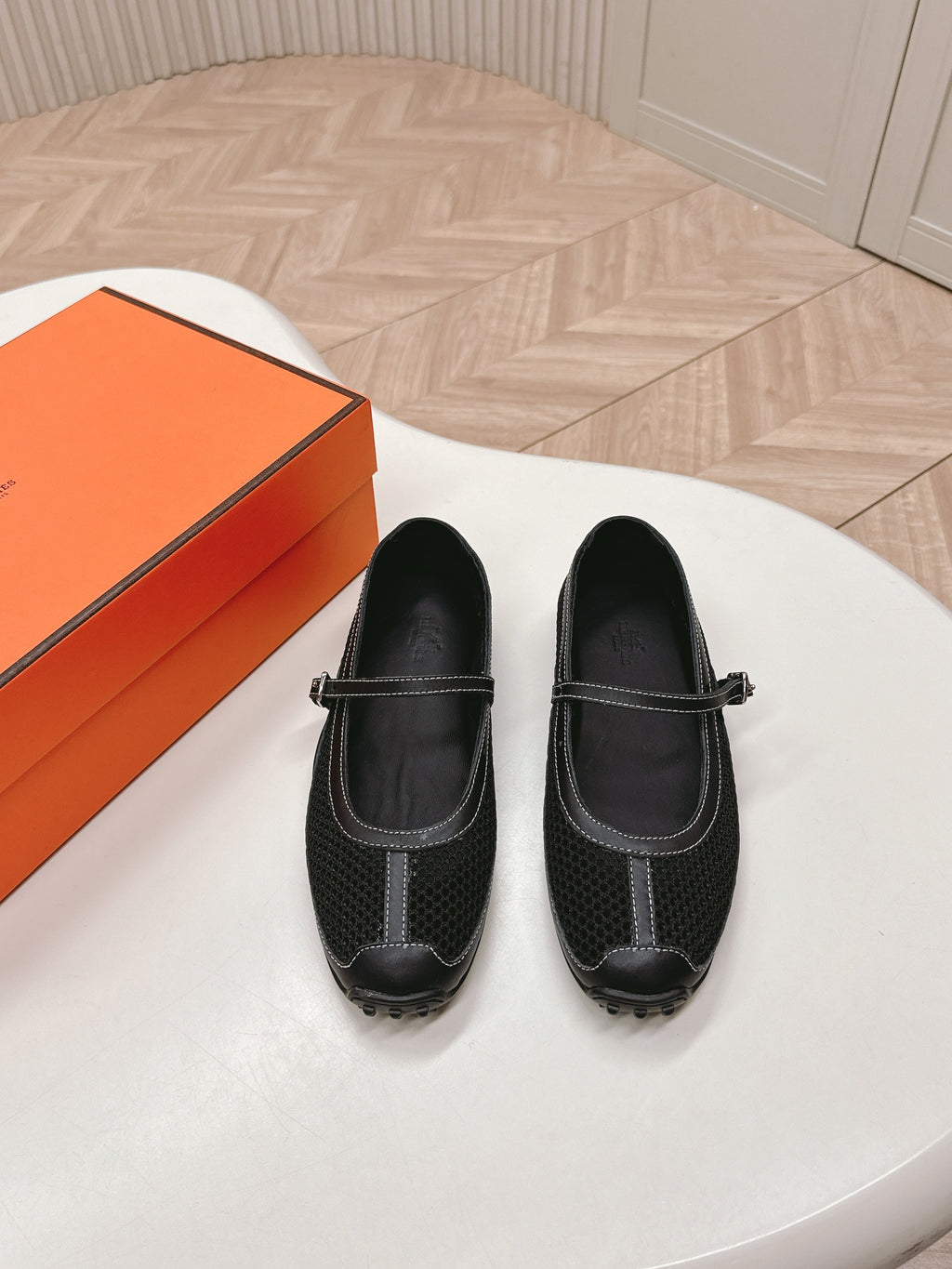 HERMES KICHU BALLET FLAT IN BLACK CROCHET KNIT AND CALFSKIN