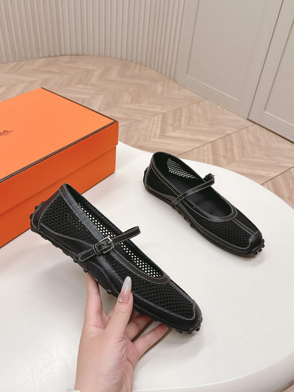 HERMES KICHU BALLET FLAT IN BLACK CROCHET KNIT AND CALFSKIN