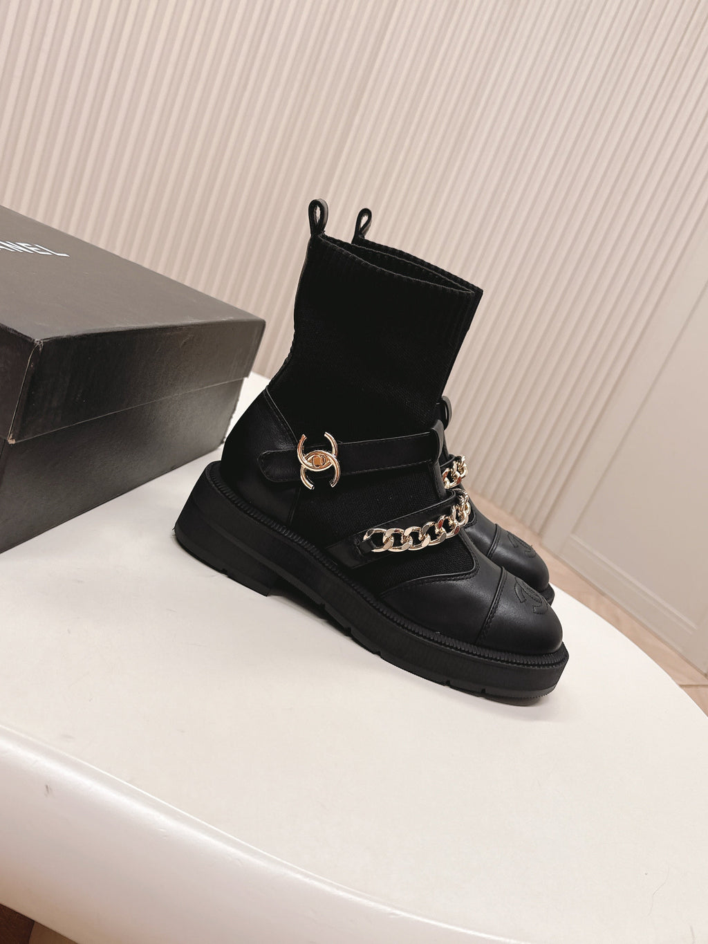 CHANEL ANKLE BOOTS 25S IN BLACK LAMBSKIN AND FABRIC WITH GOLD HARDWARE