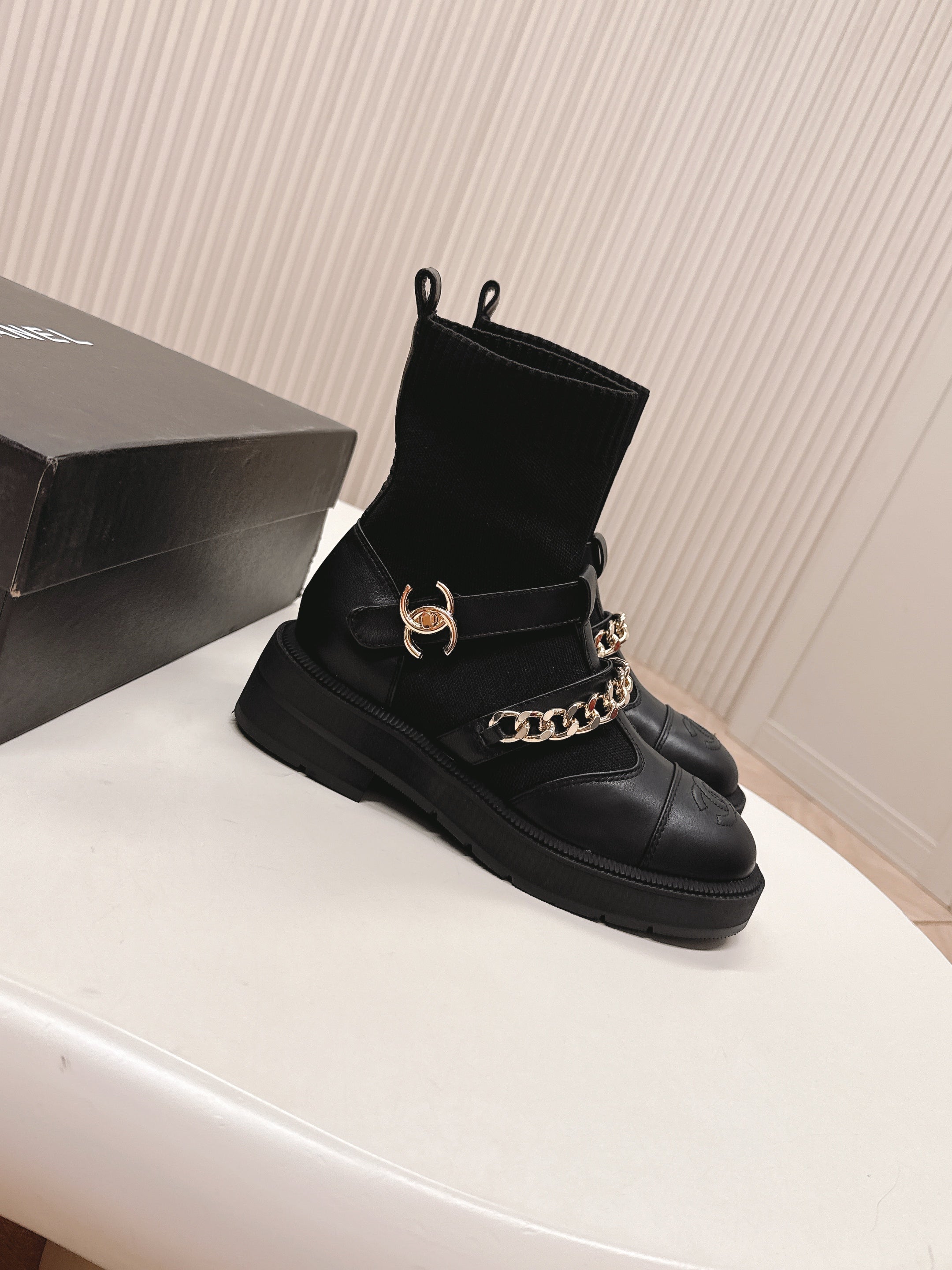 CHANEL ANKLE BOOTS 25S IN BLACK LAMBSKIN AND FABRIC WITH GOLD HARDWARE