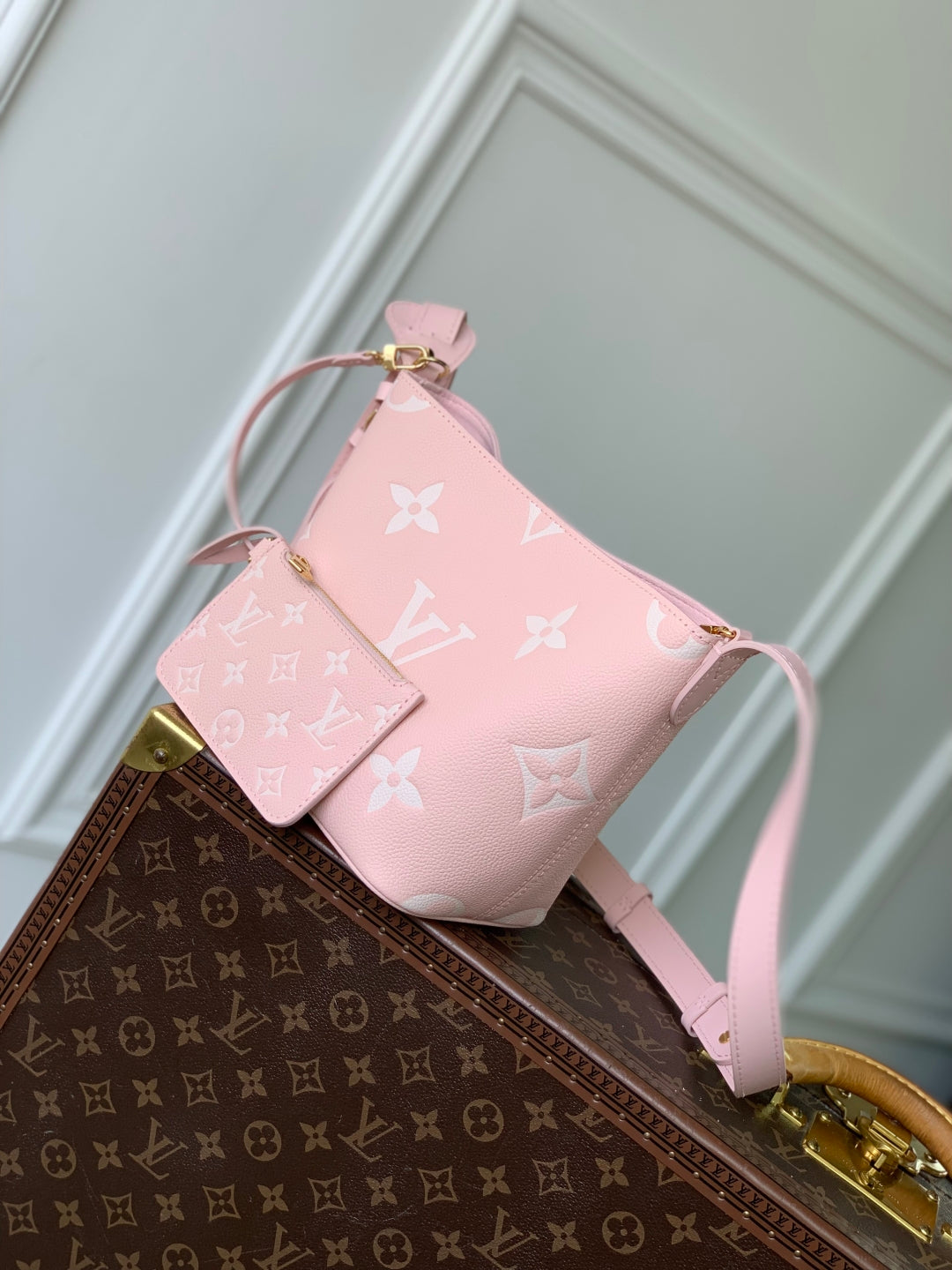 LOUIS VUITTON ALL IN BB BAG 18 IN QUARTZ PINK AND BEIGE EMBOSSED COWHIDE