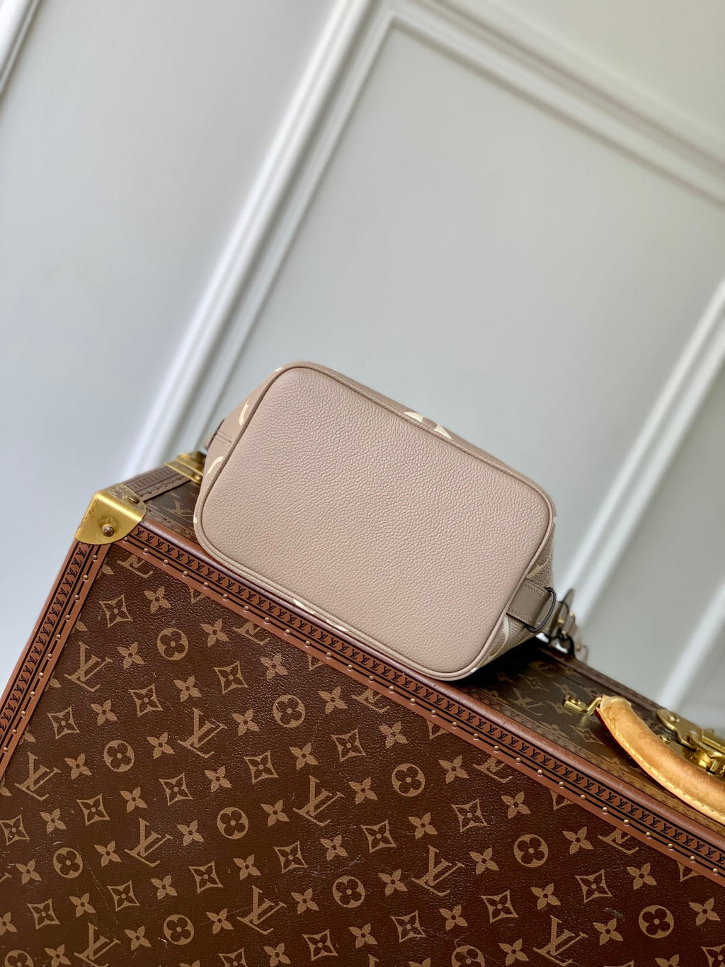 LOUIS VUITTON ALL IN BB BAG 18 IN TOURTERELLE GREY AND CREAM EMBOSSED COWHIDE