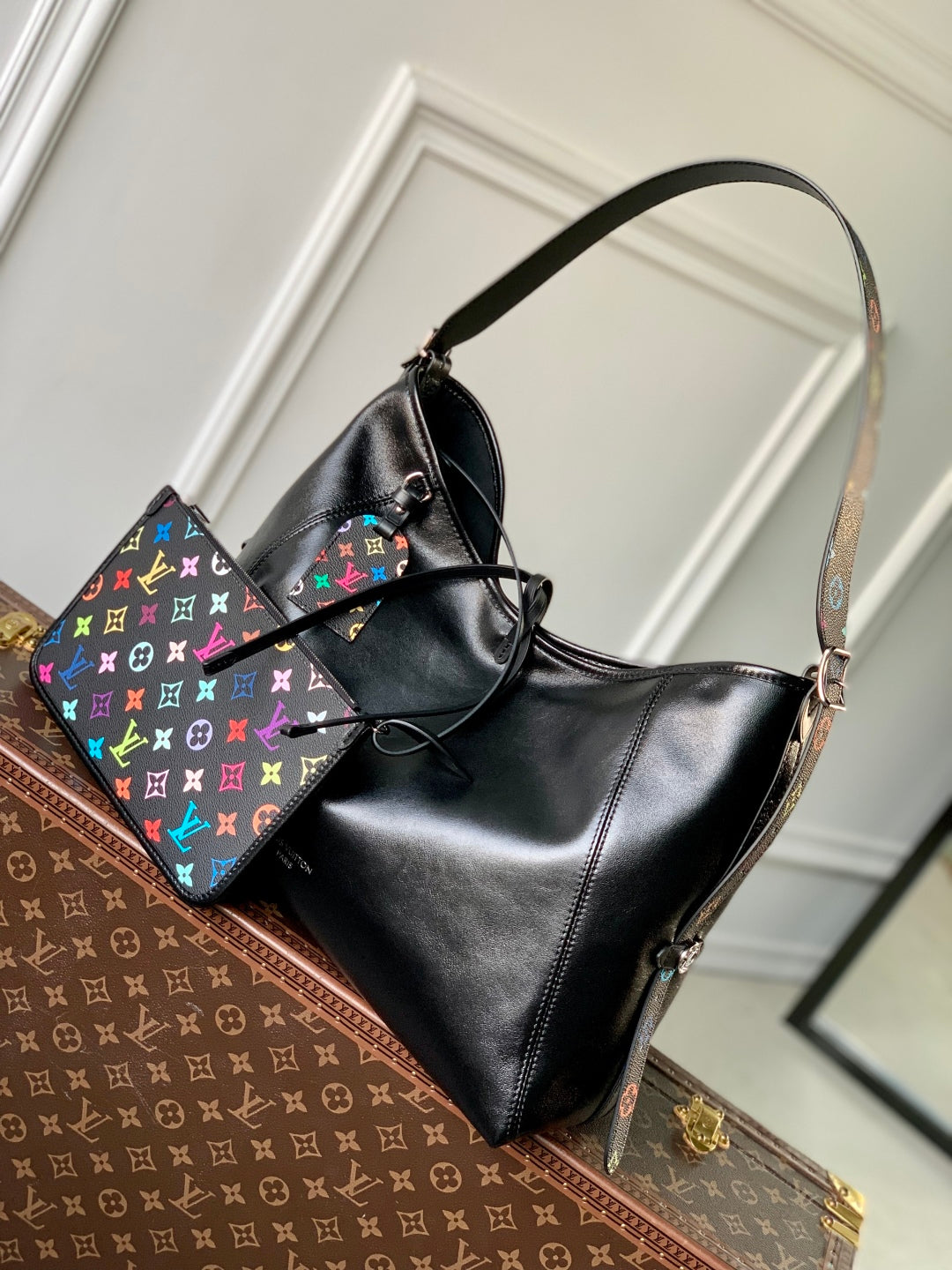 LOUIS VUITTON CARRYALL CARGO DARK 39 IN BLACK LAMBSKIN COLORFUL MONOGRAM TAG