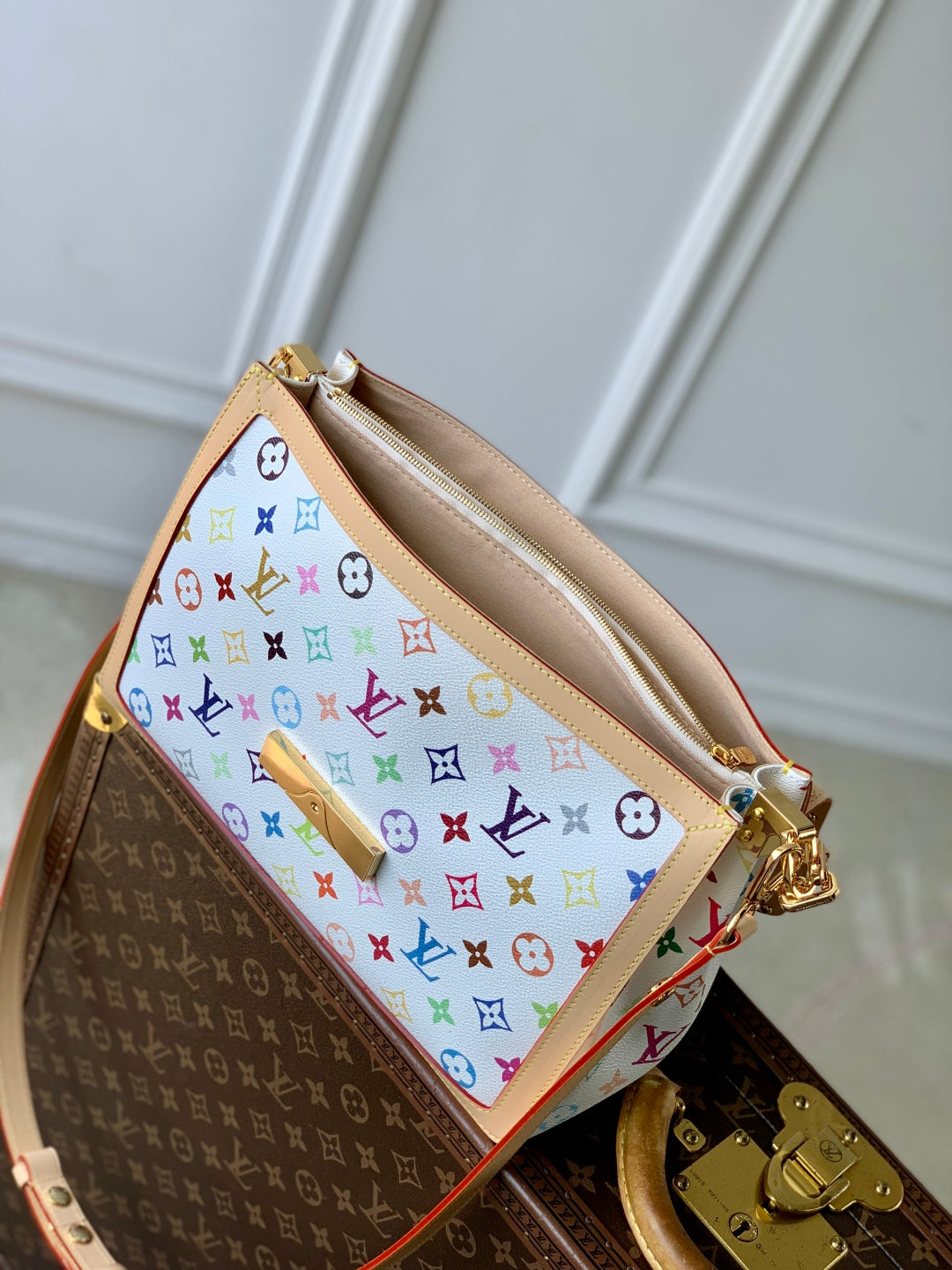 LOUIS VUITTON LV x TM DAUPHINE SOFT 28 IN COLORFUL MONOGRAM PATTERN AND WHITE COATED CANVAS