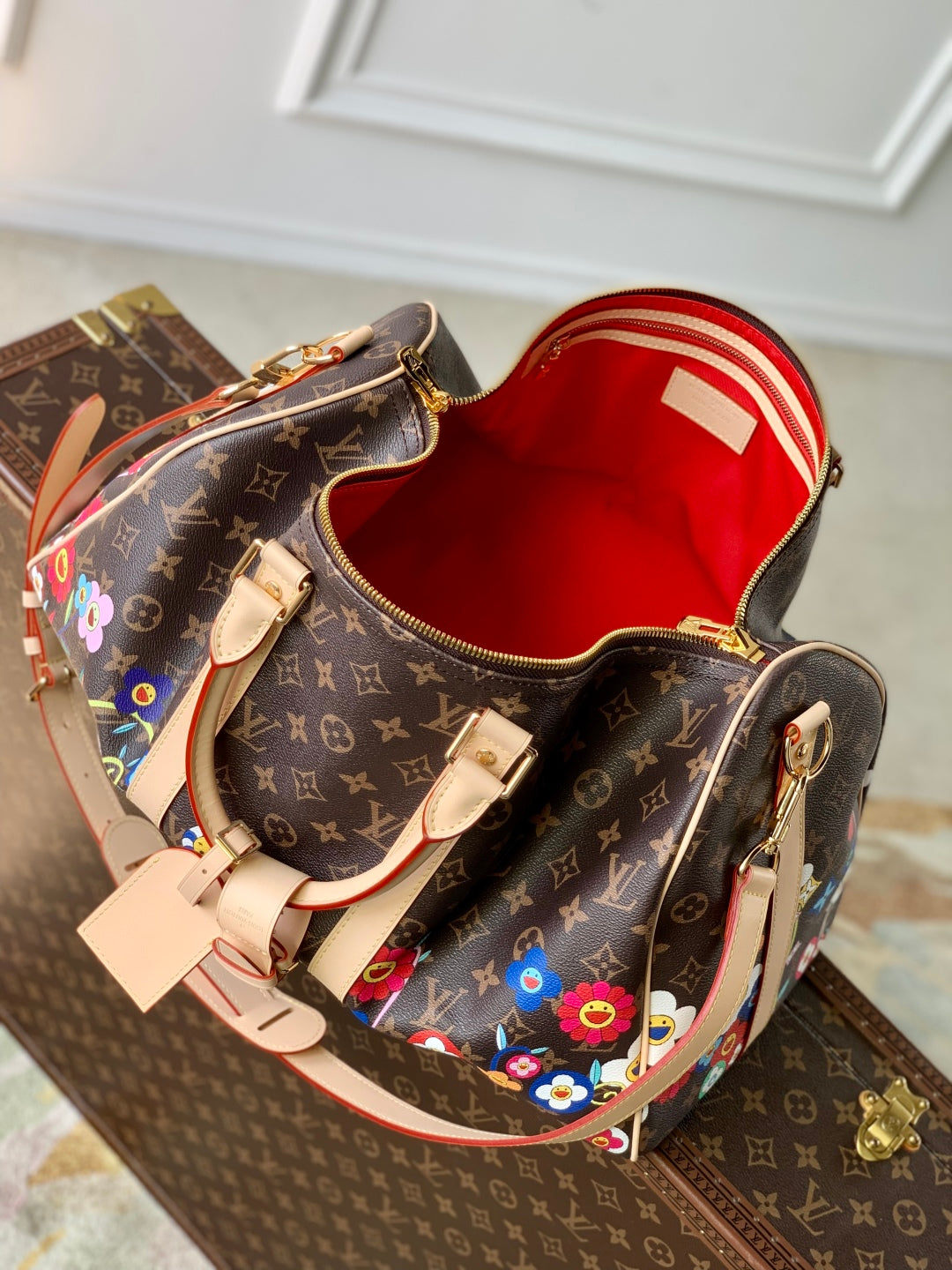 LOUIS VUITTON KEEPALL BANDOULIÈRE  FLORAL 45 IN BROWN MONOGRAM COATED CANVAS