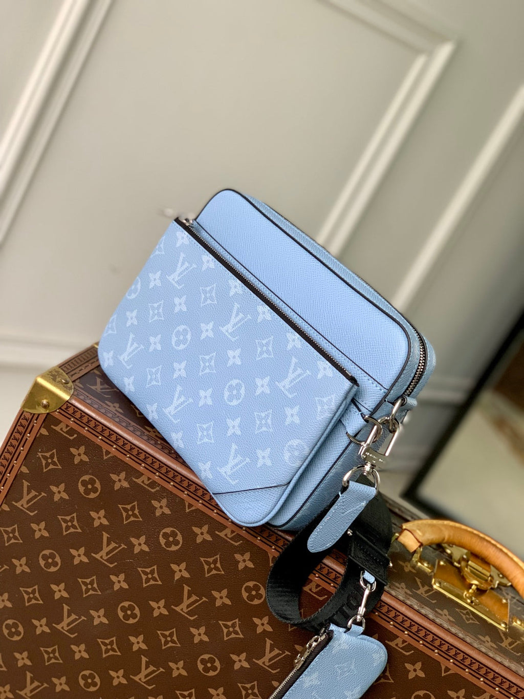 LOUIS VUITTON TRIO MESSENGER BAG 25 IN BLUE MONOGRAM COATED CANVAS AND CALFSKIN