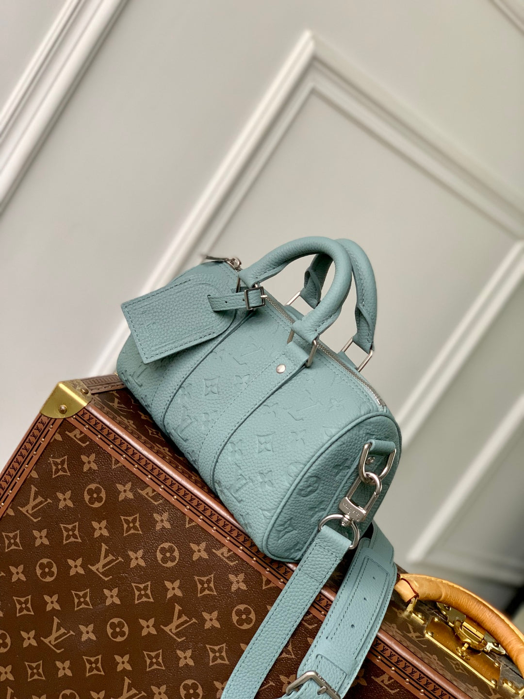 LOUIS VUITTON KEEPALL BANDOULIÈRE 25 BAG IN MISTY LAKE GREEN MONOGRAM TAURILLON CALFSKIN