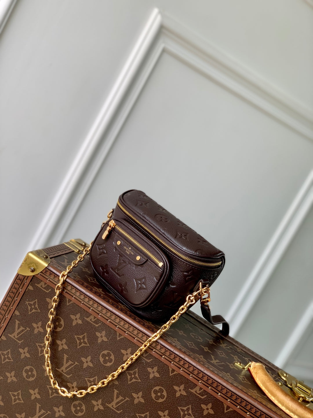 LOUIS VUITTON MINI BUMBAG 17 IN DARK BROWN MONOGRAM EMBOSSED LOGO CALFSKIN
