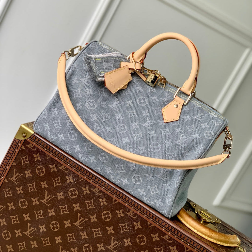 LOUIS VUITTON SPEEDY SOFT 30 IN GREY MONOGRAM DENIM LIGHT BROWN CALFSKIN