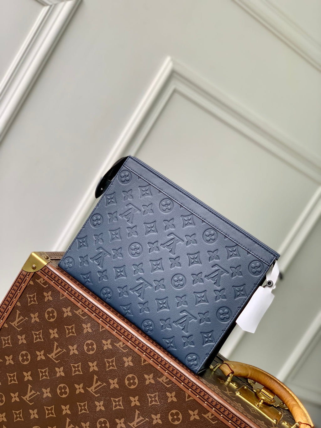 LOUIS VUITTON POCHETTE VOYAGE 27 IN DARK BLUE MONOGRAM ECLIPSE CALFSKIN EMBOSSED LOGO