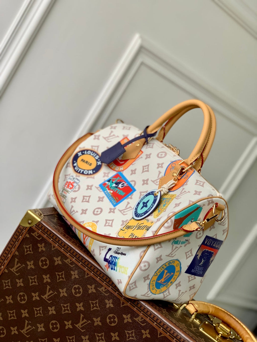 LOUIS VUITTON SPEEDY SOFT 30 IN WHITE MONOGRAM DUNE CANVAS AND CALFSKIN